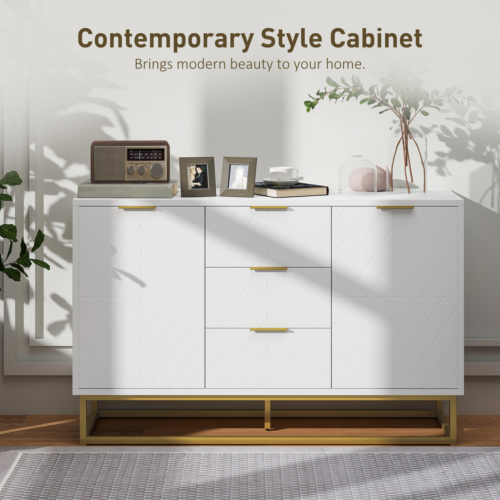 47" Storage Cabinet with Doors, Adjustable Shelves, 3 Drawers, Metal Legs for Kitchen Storage, Home Use, White
