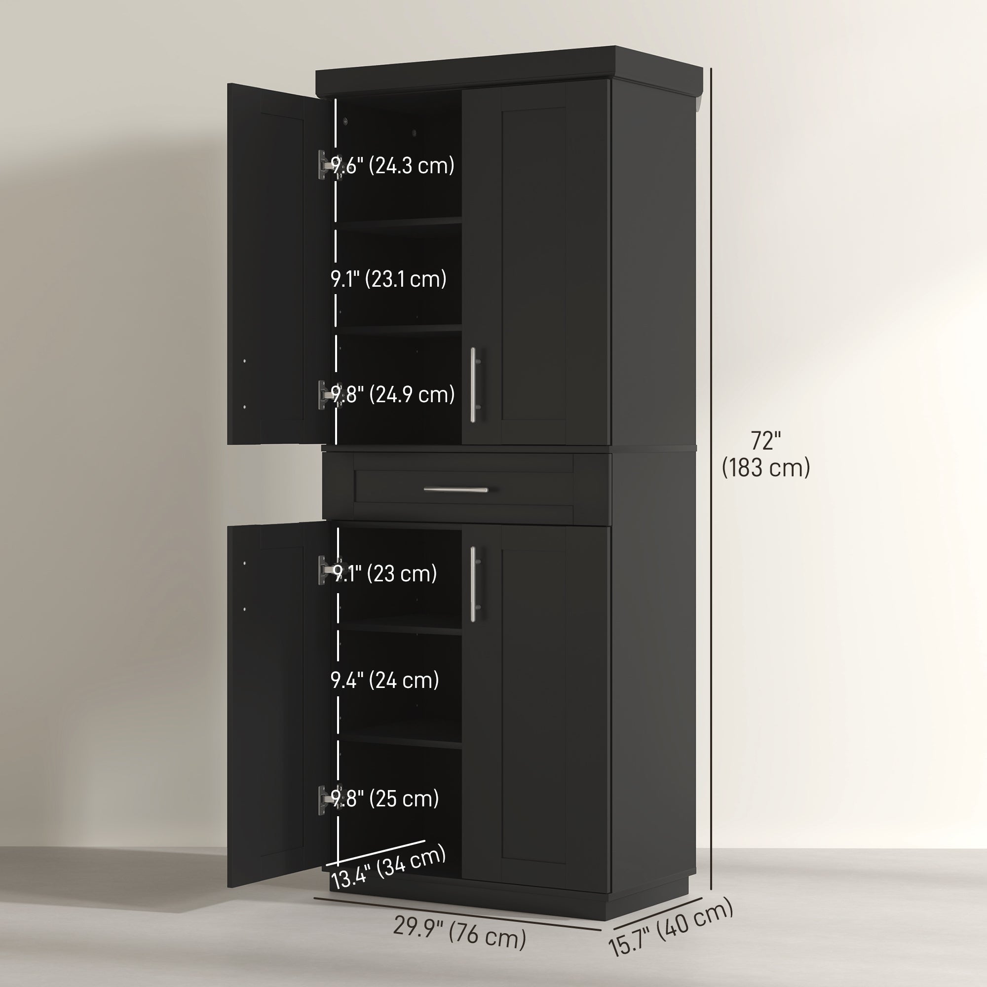72" Storage Cabinet, Freestanding Kitchen Pantry Cabinet with 4 Doors, Drawer and 3 Adjustable Shelves, White
