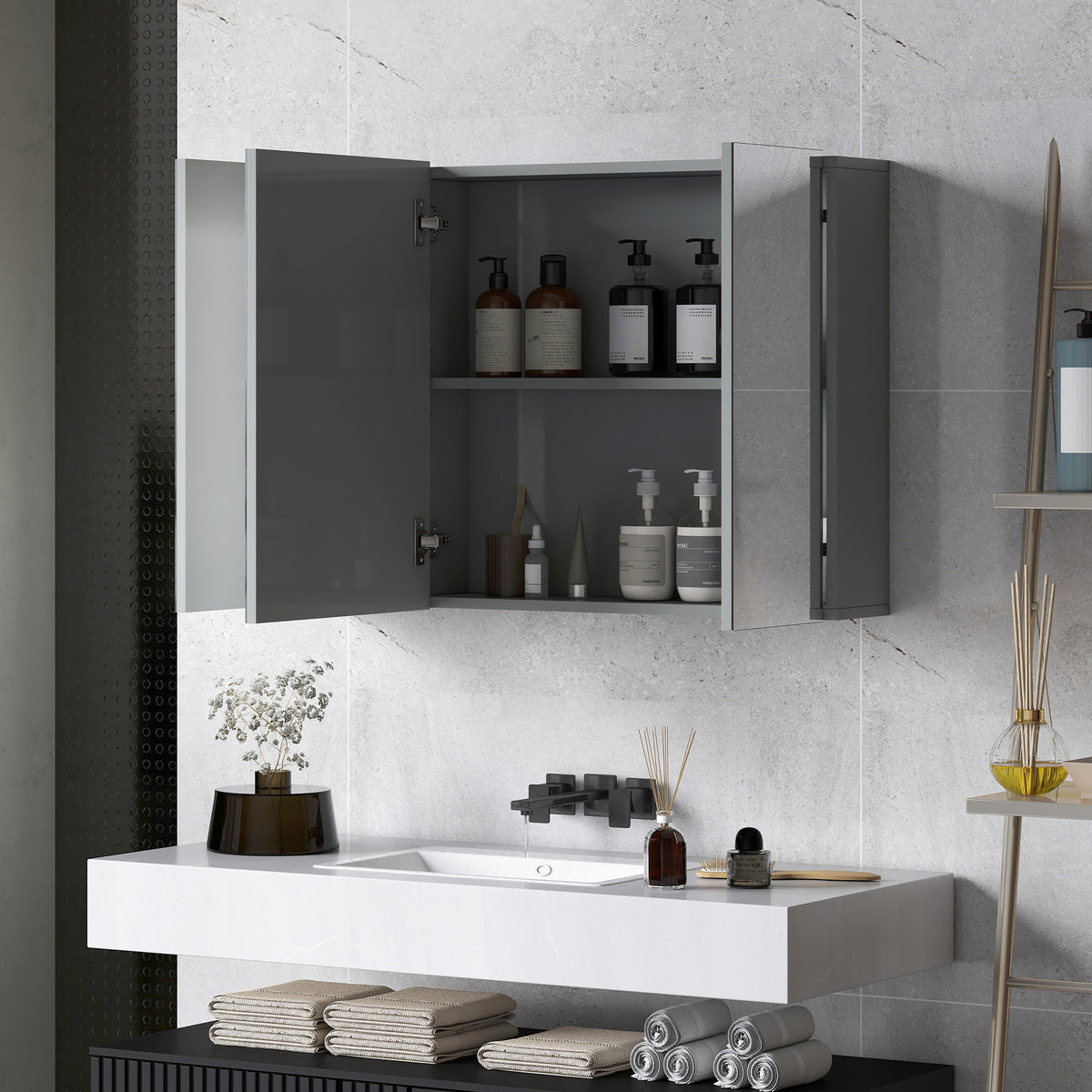 28" x 24" Wall Mounted Mirror Cabinet, Bathroom Medicine Cabinet with Mirror, 3 Doors and Adjustable Shelves, White