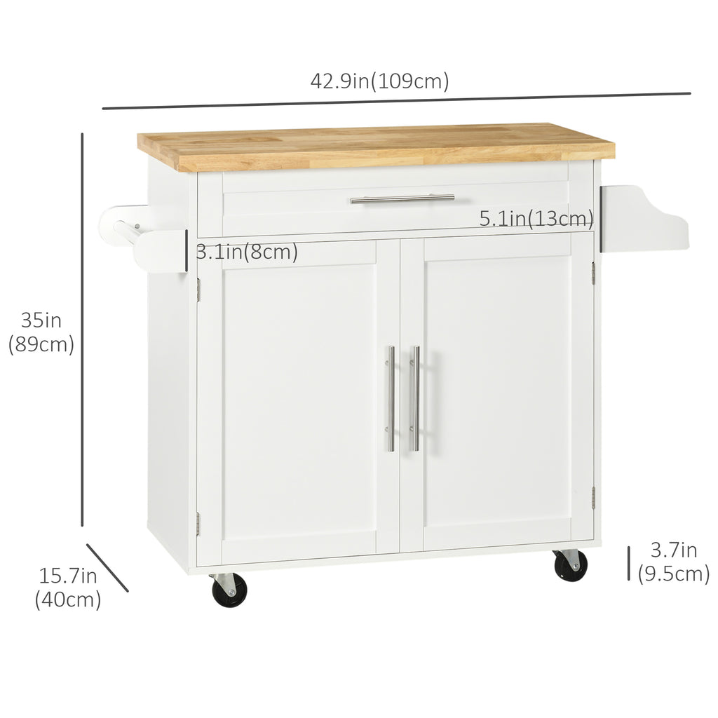 Kitchen Island with Storage, Rolling Cart Trolley with Rubberwood Top, Adjustable Shelf, Drawer, Spice Rack, White