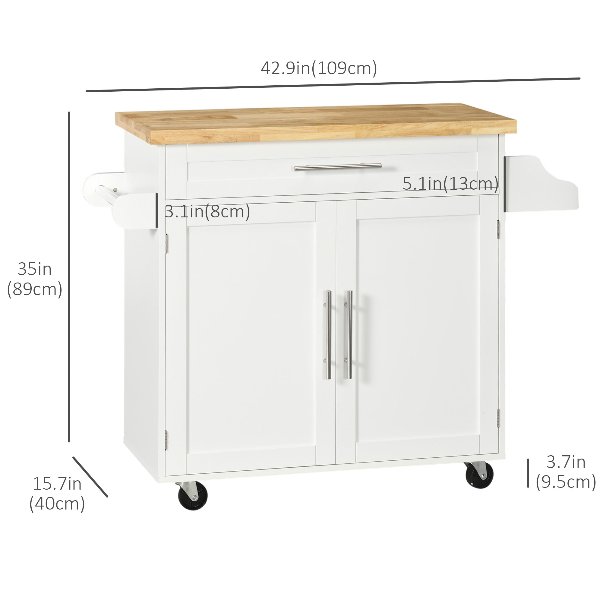 Kitchen Island with Storage, Rolling Cart Trolley with Rubberwood Top, Adjustable Shelf, Drawer, Spice Rack, White