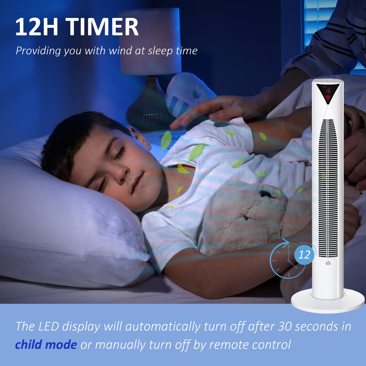 Freestanding Tower Fan Cooling for Home Bedroom with 3 Speed, 12h Timer, Oscillating, LED Sensor Panel, Remote Controller, White
