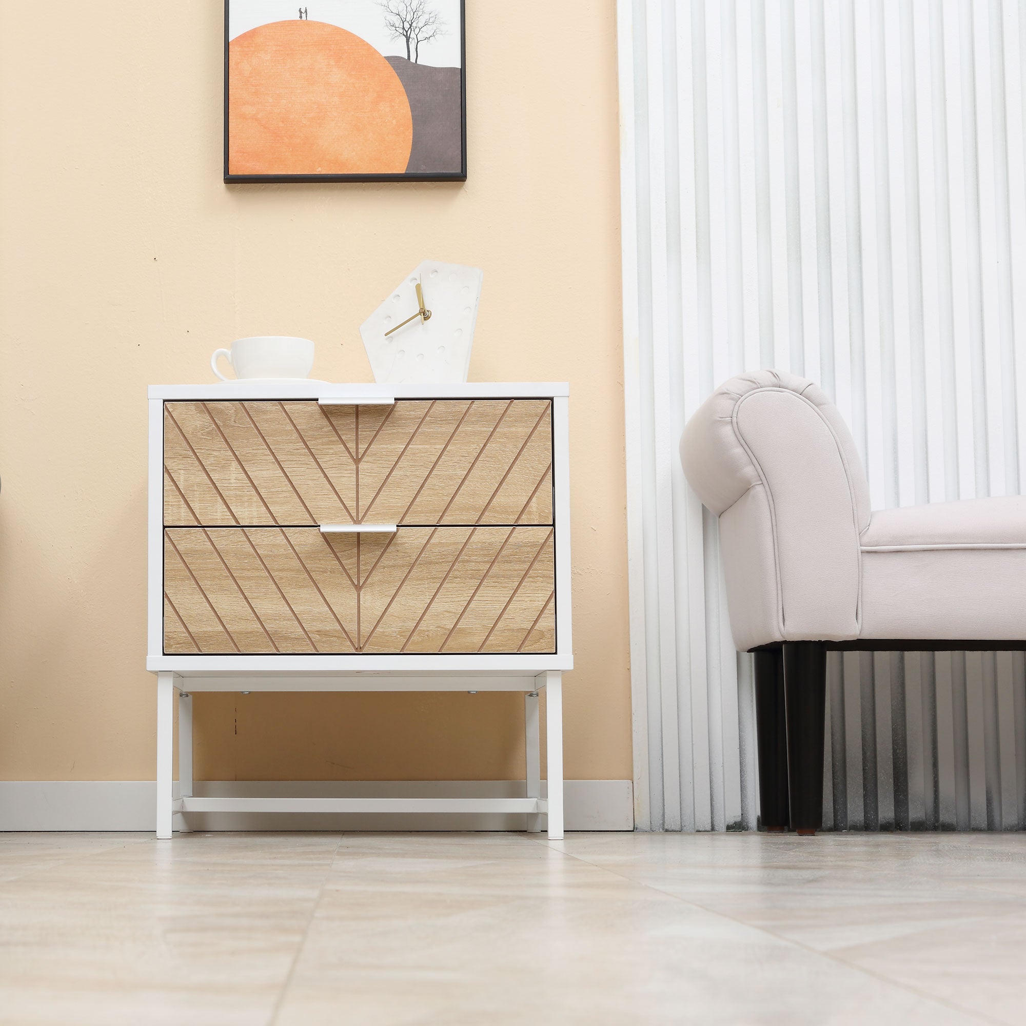 Modern Bedside Table with 2 Drawers and Steel Frame, Sofa Side Table for Bedroom Living Room, White and Oak