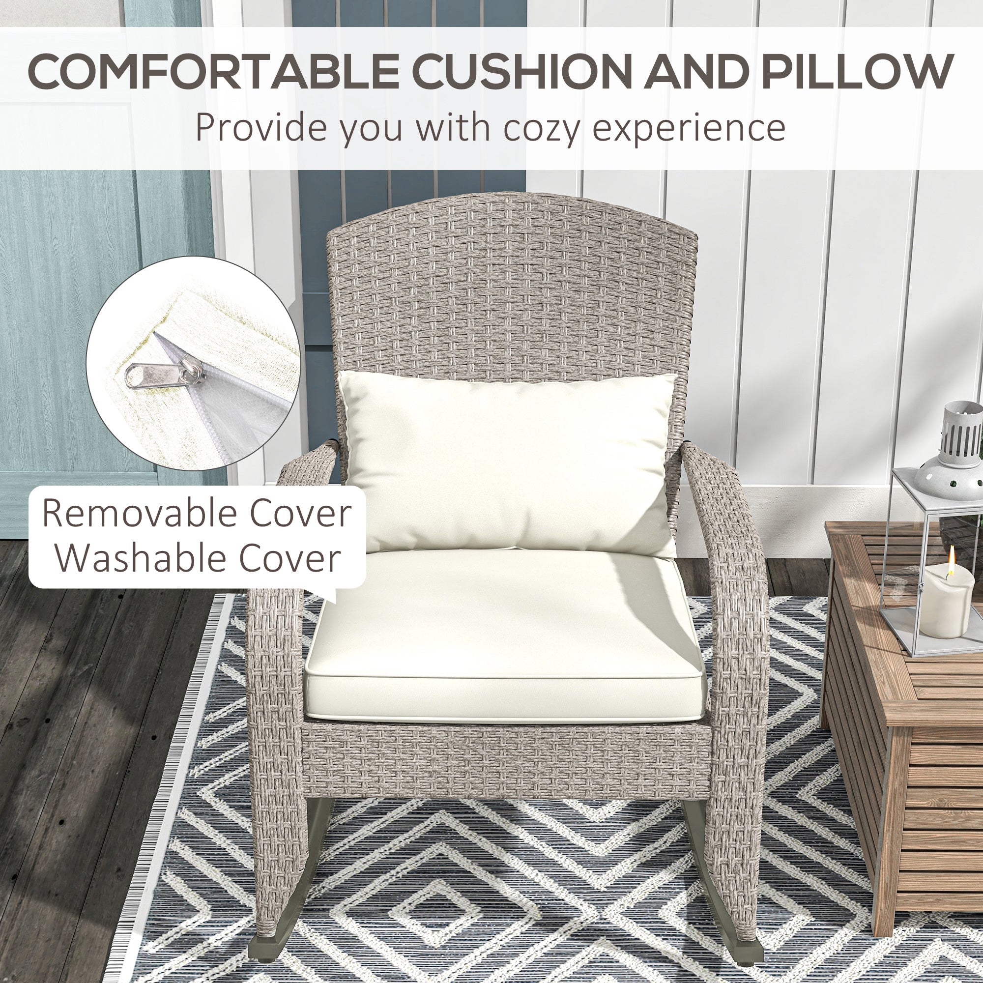 Adirondack Chair, Outdoor Wicker Rocking Chair with High Back, Seat Cushion and Pillow for Porch, Balcony, Cream White