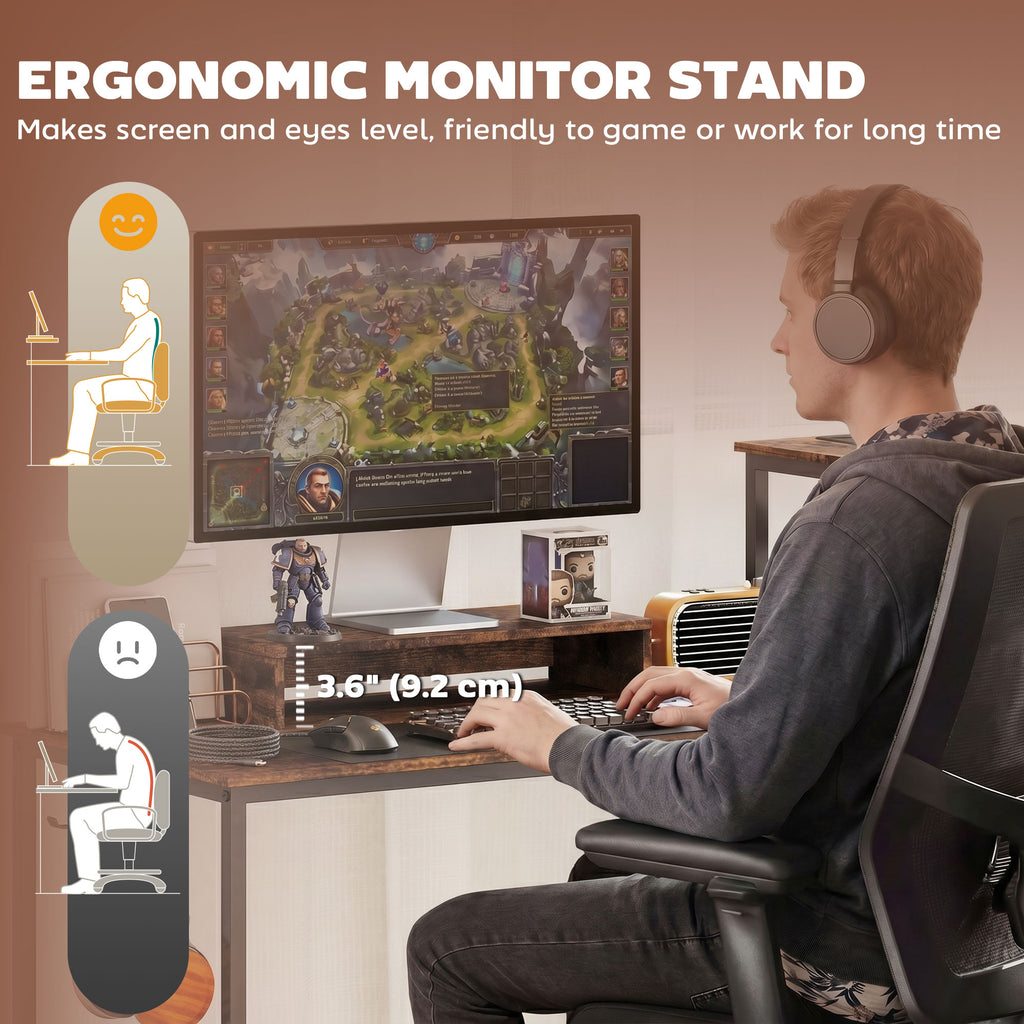 96 Inch Gaming Desk, Dual Computer Desk for 2 Person with Power Outlets and Monitor Stands, Rustic Brown