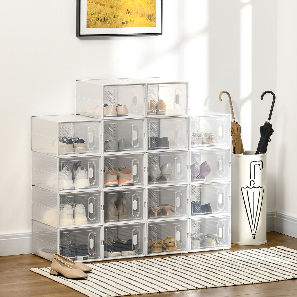 18 Pack Shoe Storage Boxes, Space-saving Shoe Organizers, Clear Plastic Stackable Holders Containers with Front Opening