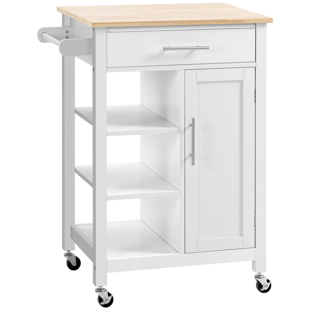 Kitchen Island, Compact Kitchen Cart on Wheels with Open Shelf & Storage Drawer for Dining Room, Kitchen, White