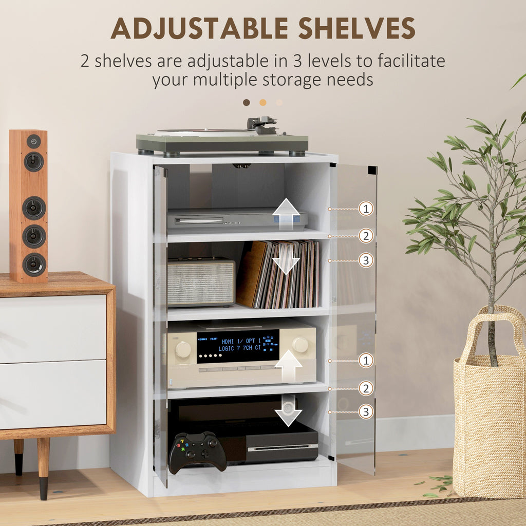 5-Tier Media Cabinet, Media Stand with Adjustable Shelves, Tempered Glass Doors, and Cable Management, Distressed White