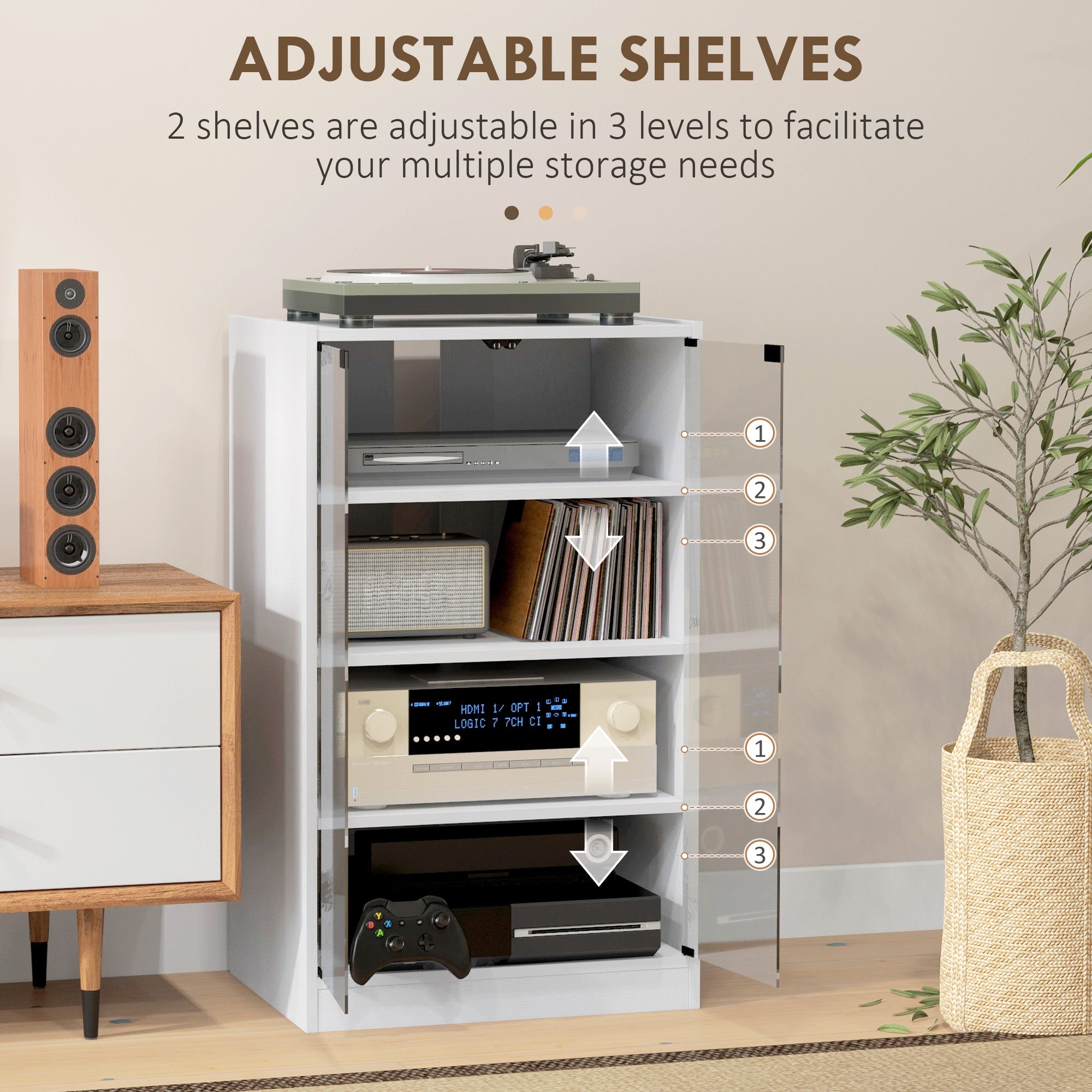 5-Tier Media Cabinet, Media Stand with Adjustable Shelves, Tempered Glass Doors, and Cable Management, Distressed White