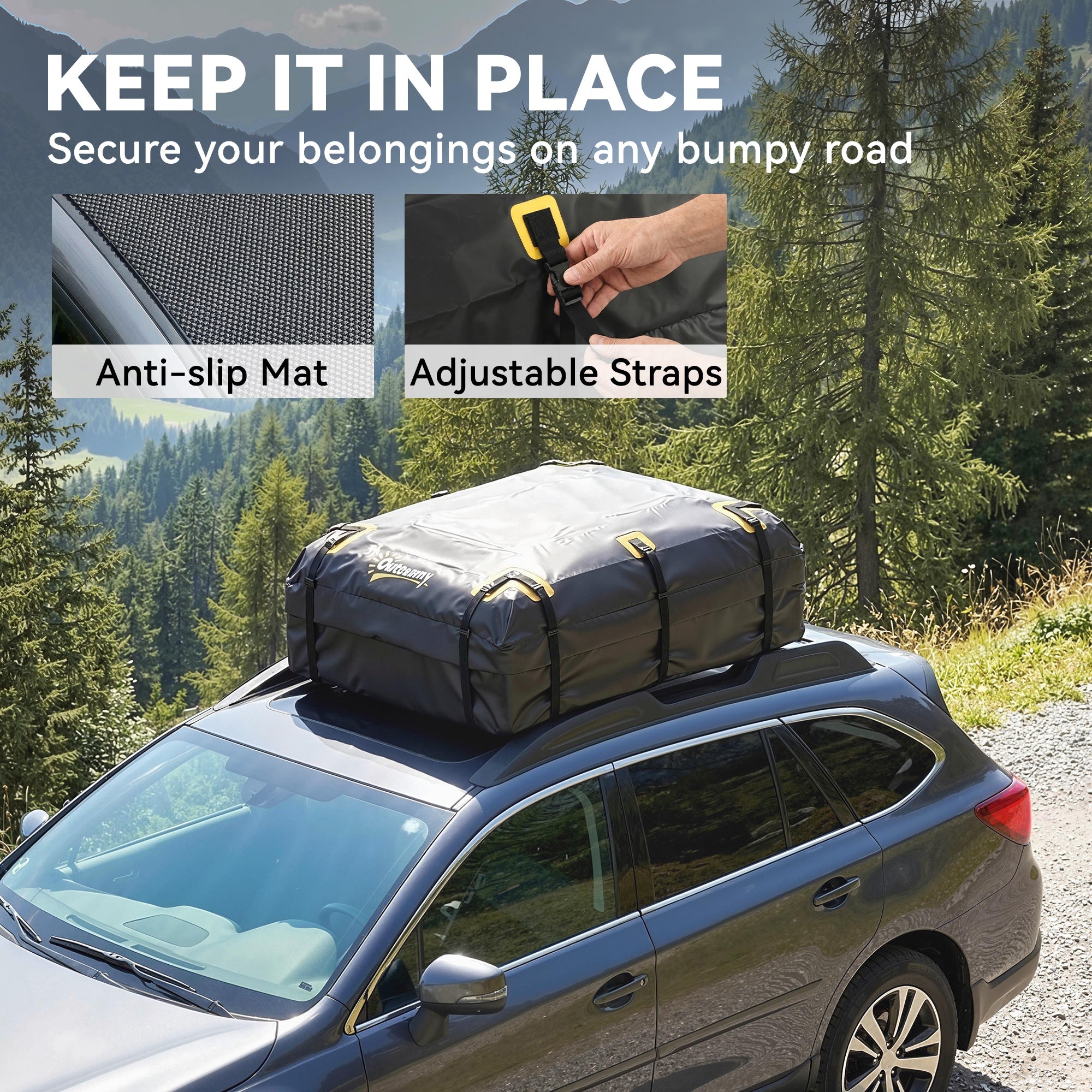 Rooftop Cargo Carrier, 15 Cubic Feet Waterproof Soft-Shell Car Roof Storage Bag with Door Hooks, Anti-Slip Mat