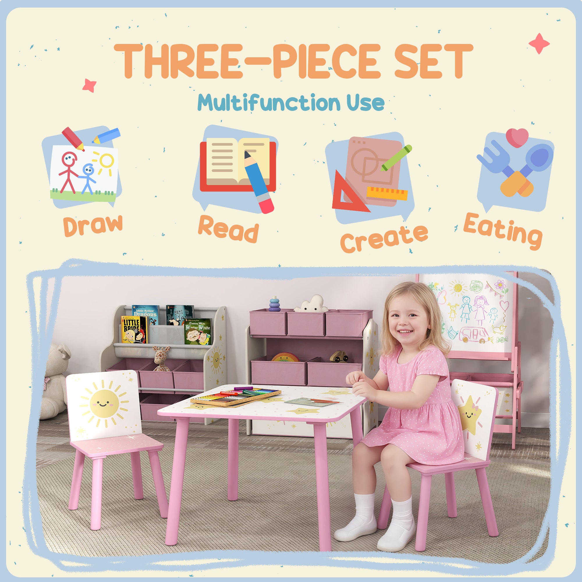Qaba 3-Piece Kids Table and Chair Set with Star Pattern for Boys and Girls Aged 3-8, Bedroom, Nursery, Playroom, Pink