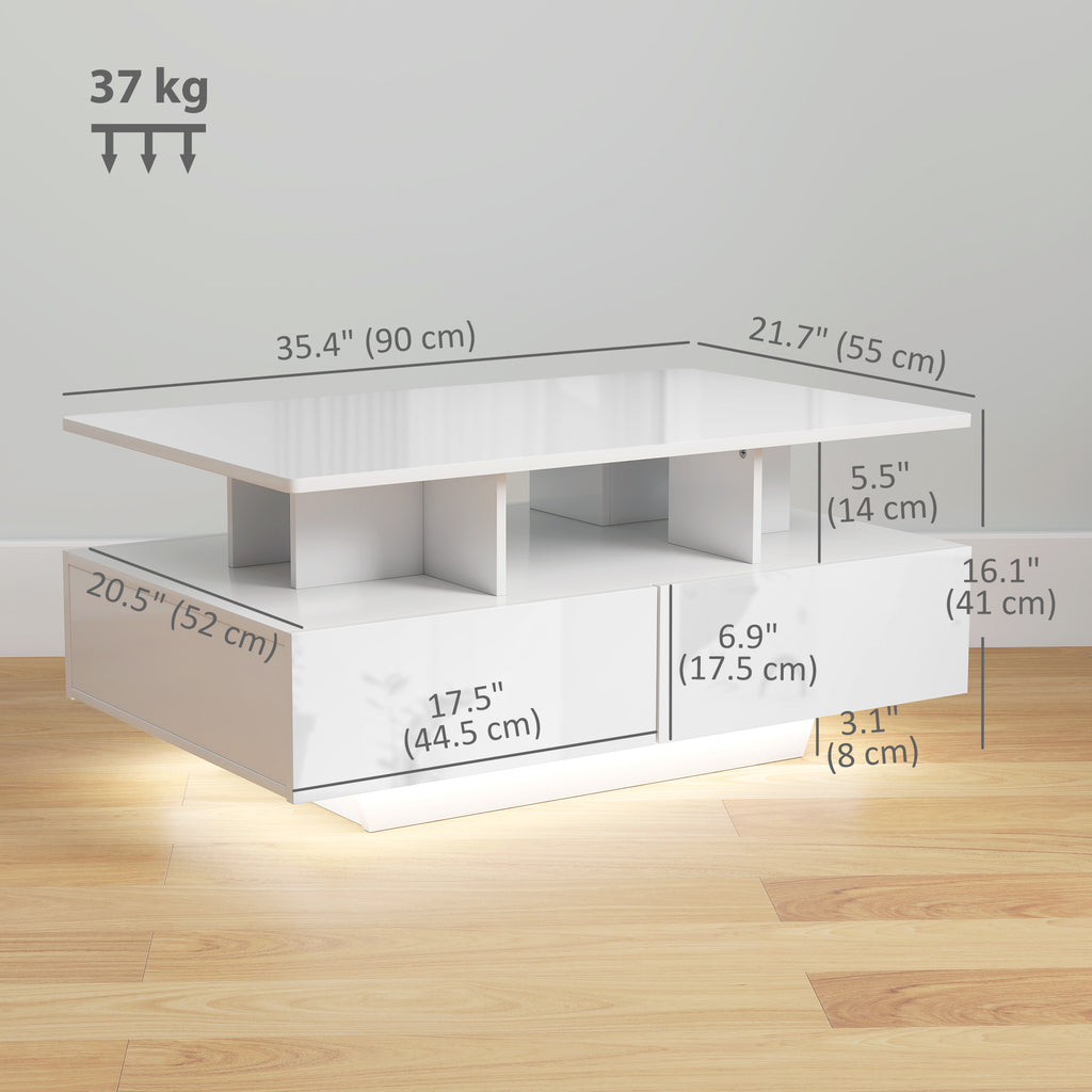 ከ RGB LED መብራት ጋር የቡና ጣውላ፣ ዘመናዊ ናይ መነበብ ክፍሊ ጣውላ ምስ 4 መሳልብታት፣ ክፉት መደርደሪ፣ ርሑቕ ተቆጻጸሪ፣ ልዑል ብርሃን ጻዕዳ