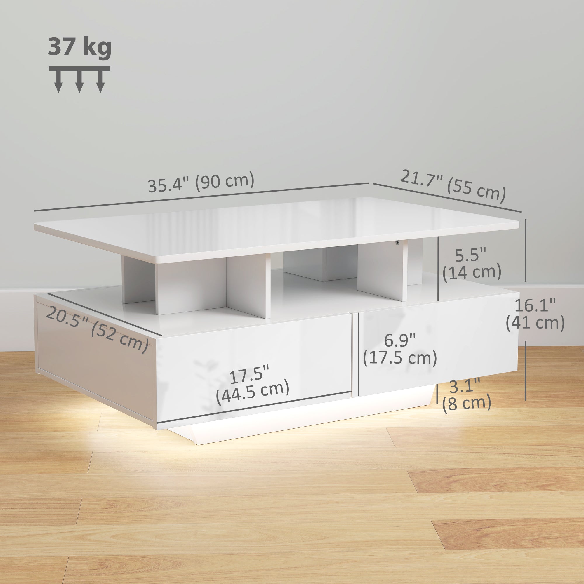 ከ RGB LED መብራት ጋር የቡና ጣውላ፣ ዘመናዊ ናይ መነበብ ክፍሊ ጣውላ ምስ 4 መሳልብታት፣ ክፉት መደርደሪ፣ ርሑቕ ተቆጻጸሪ፣ ልዑል ብርሃን ጻዕዳ