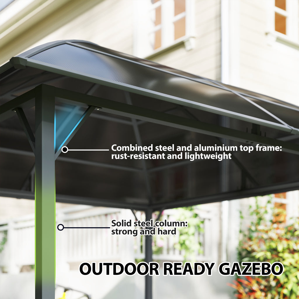 10' x 10' Outdoor Hardtop Gazebo Canopy with UV50+ Polycarbonate Roof, Steel Frame, Central Hook, Curtains, Light Grey