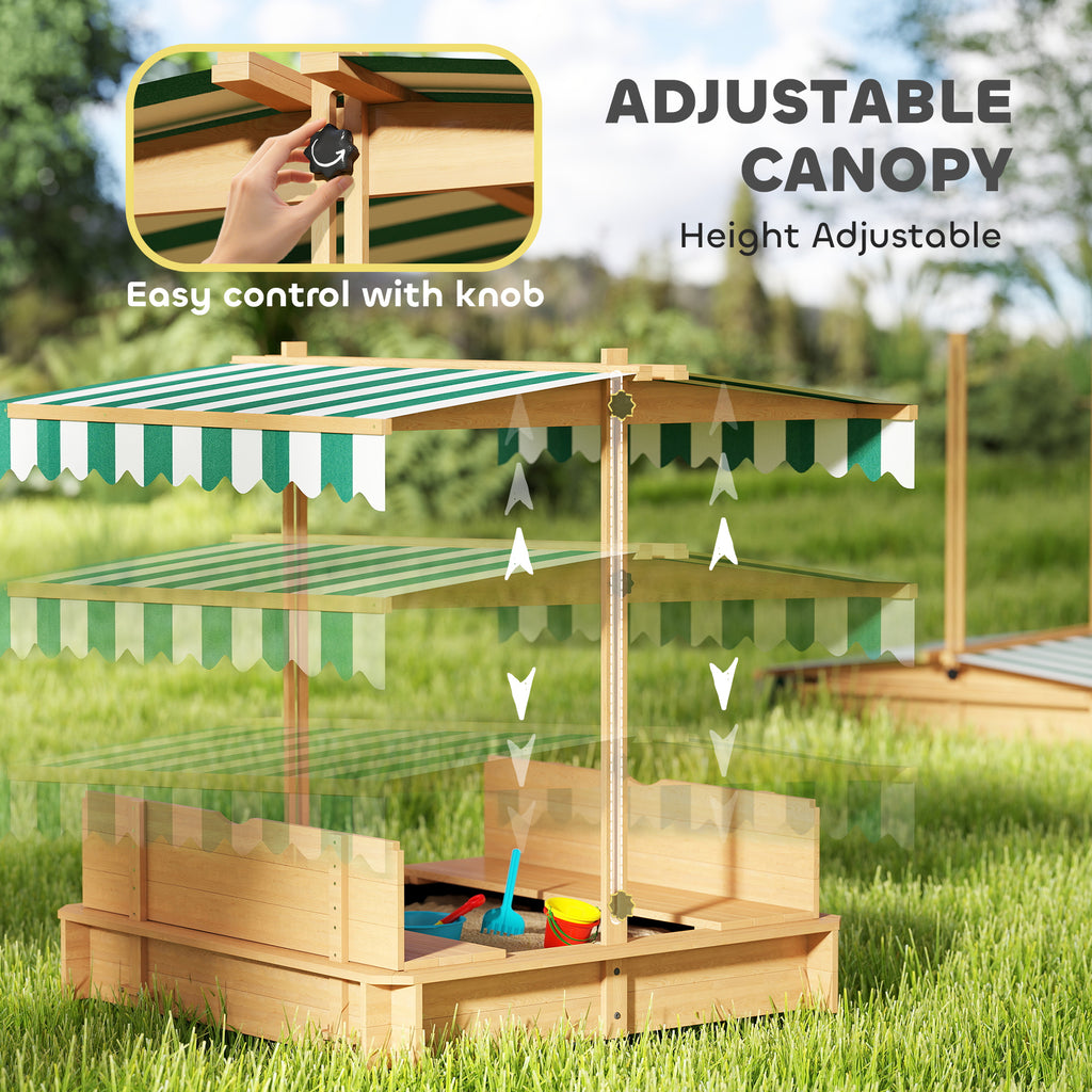Wooden Kids Sandbox with Cover, Sand Play Station with Foldable Bench Seats and Adjustable Canopy, Light Brown