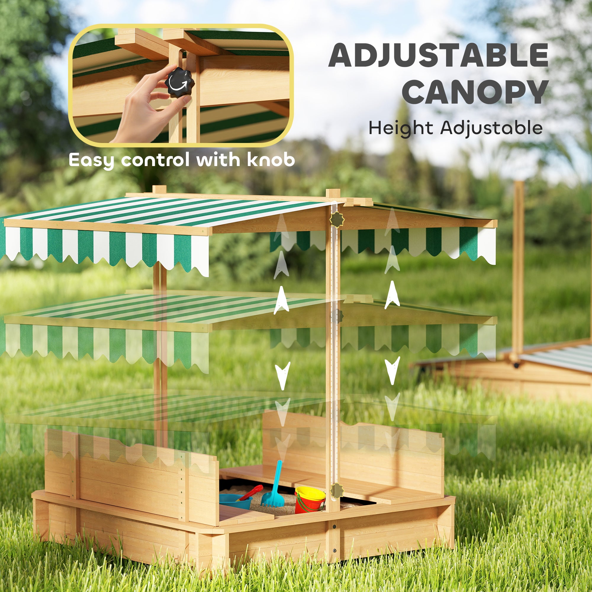 Wooden Kids Sandbox with Cover, Sand Play Station with Foldable Bench Seats and Adjustable Canopy, Light Brown
