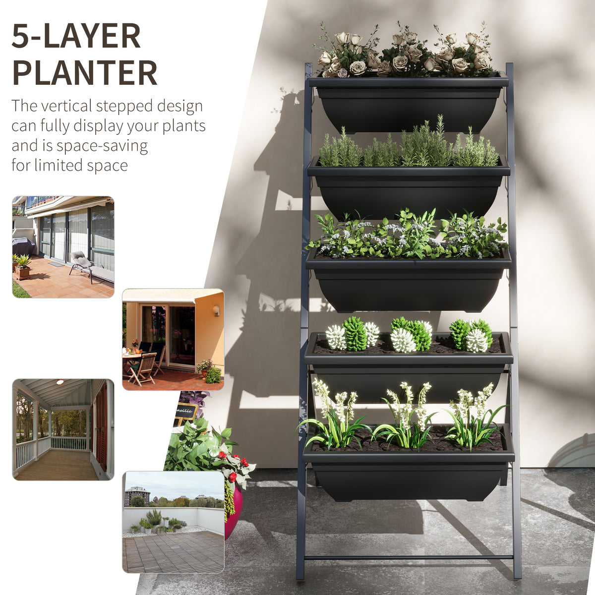 5-Tier Raised Garden Bed with 5 Planter Box, Outdoor Plant Stand Grow Containers with Leaking Holes, Brown