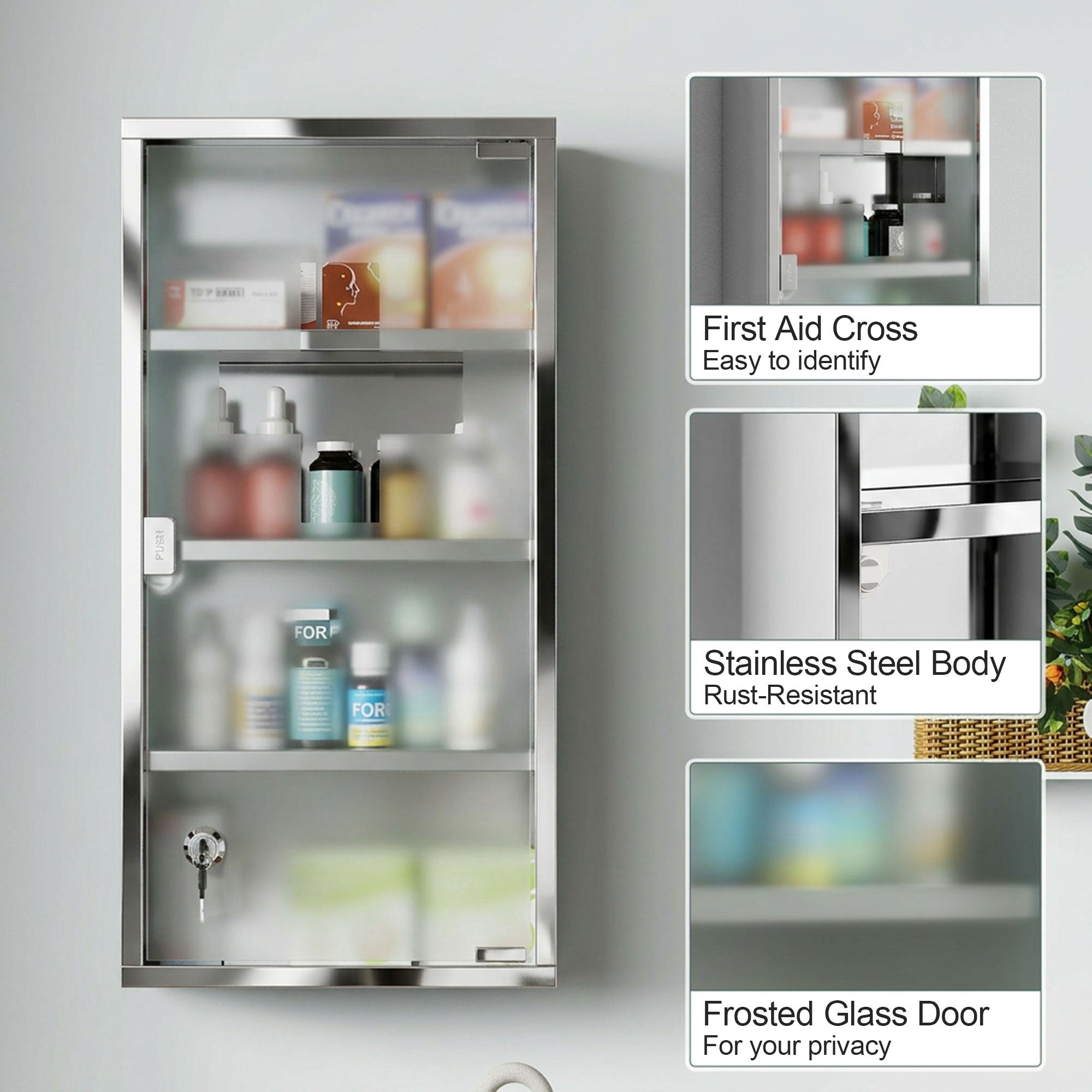 Wall Mount Medicine Cabinet, Bathroom Cabinet with 3 Tier Shelves, Stainless Steel Frame and Glass Door, Lockable with 2 Keys, Silver, 12" x 23.5"