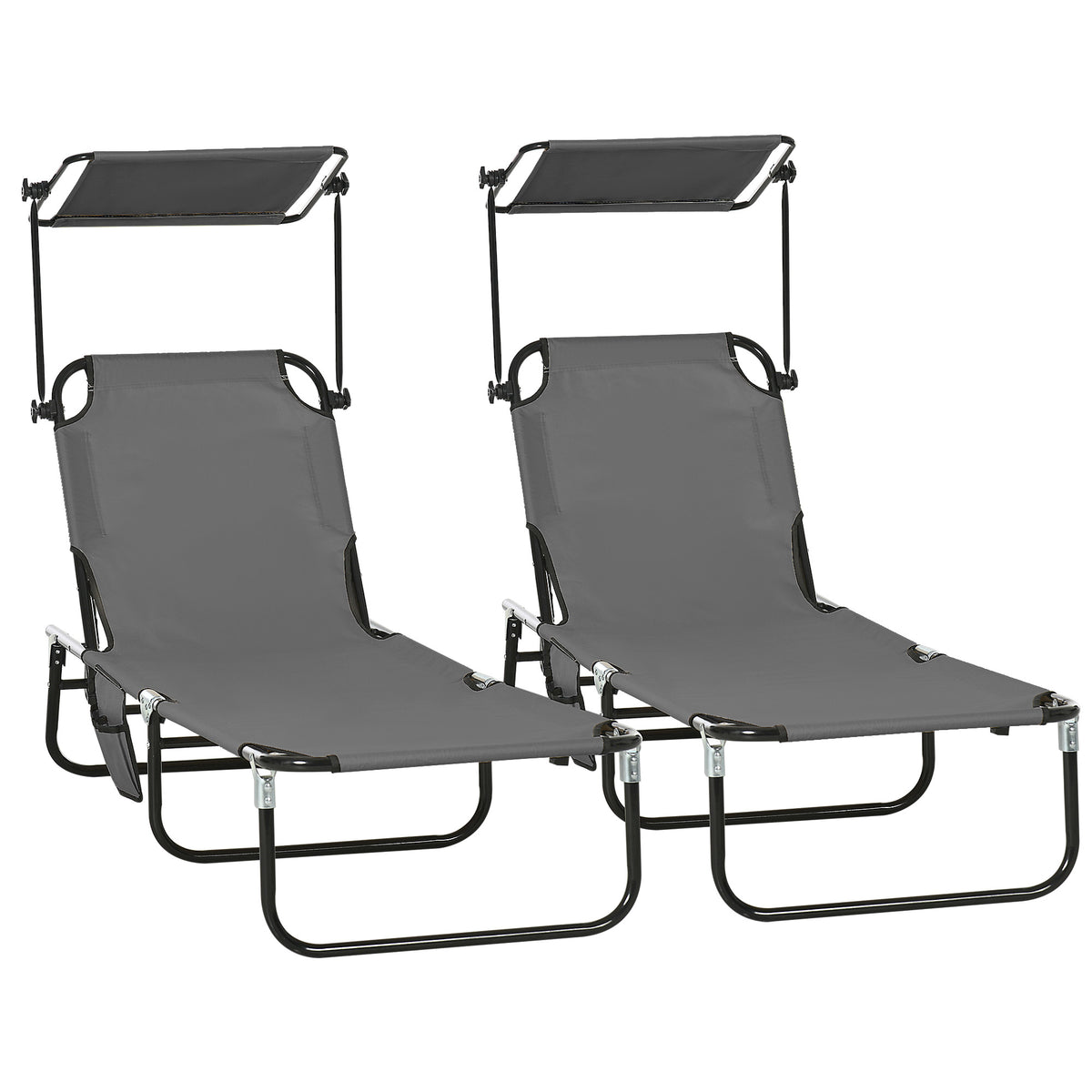 2 Piece Folding Outdoor Chaise Lounges, Pool Tanning Chairs with Reclining Back, Sunshade for Beach, Patio, Dark Grey