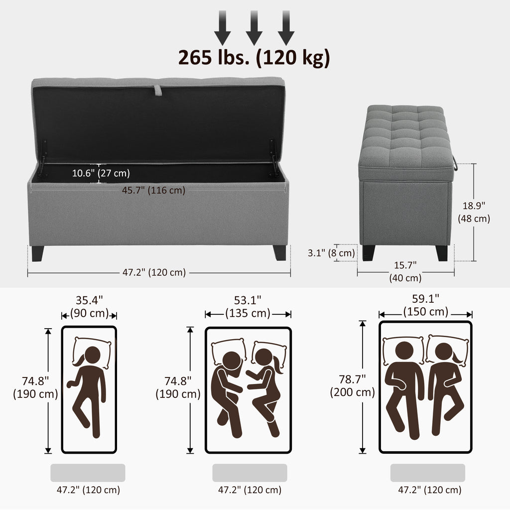 Storage Ottoman Bench, Foot Rest with Safety Hinges, 47 Inches Linen Storage Chest for Living Room, Dark Grey