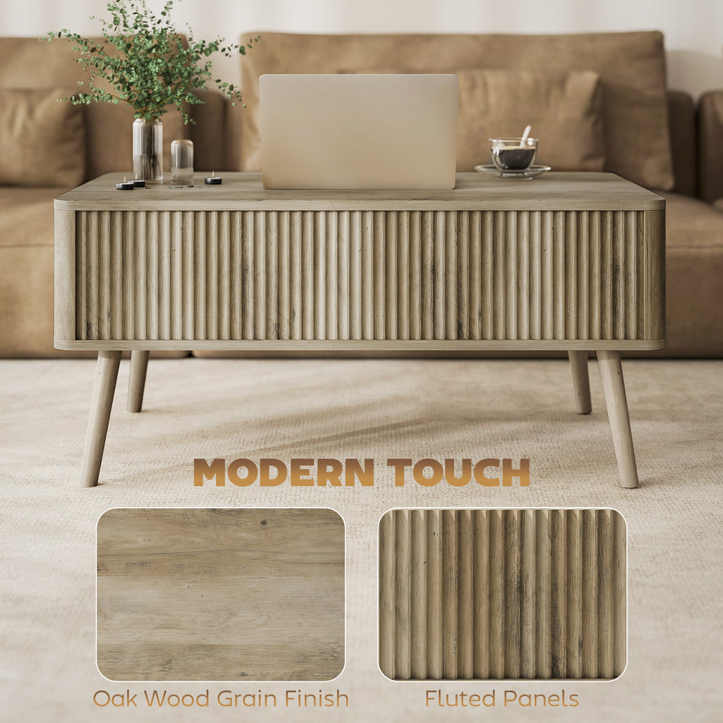 Lift Top Coffee Table with Storage, Center Table with Hidden Compartments and Pine Wood Legs for Living Room, Oak
