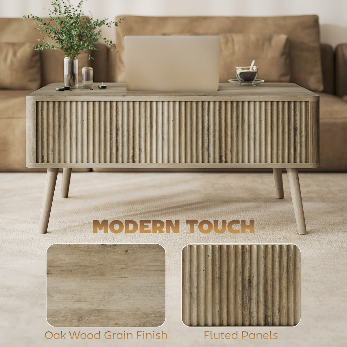Lift Top Coffee Table with Storage, Center Table with Hidden Compartments and Pine Wood Legs for Living Room, Oak