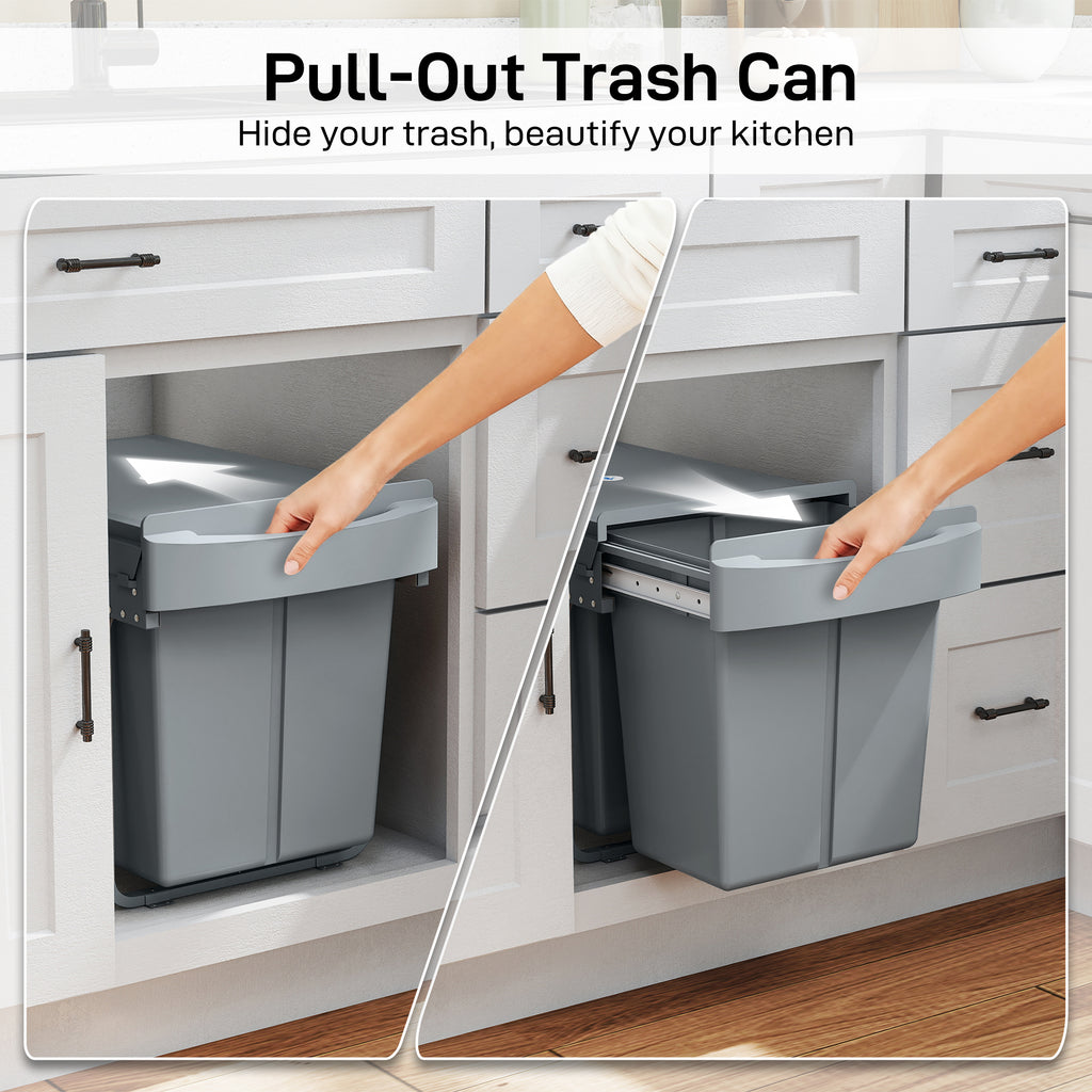 Pull Out Trash Can Under Cabinet, 10.6 Gallon (40L) Slide Out Garbage Can with 3 Removable Compartments, Grey