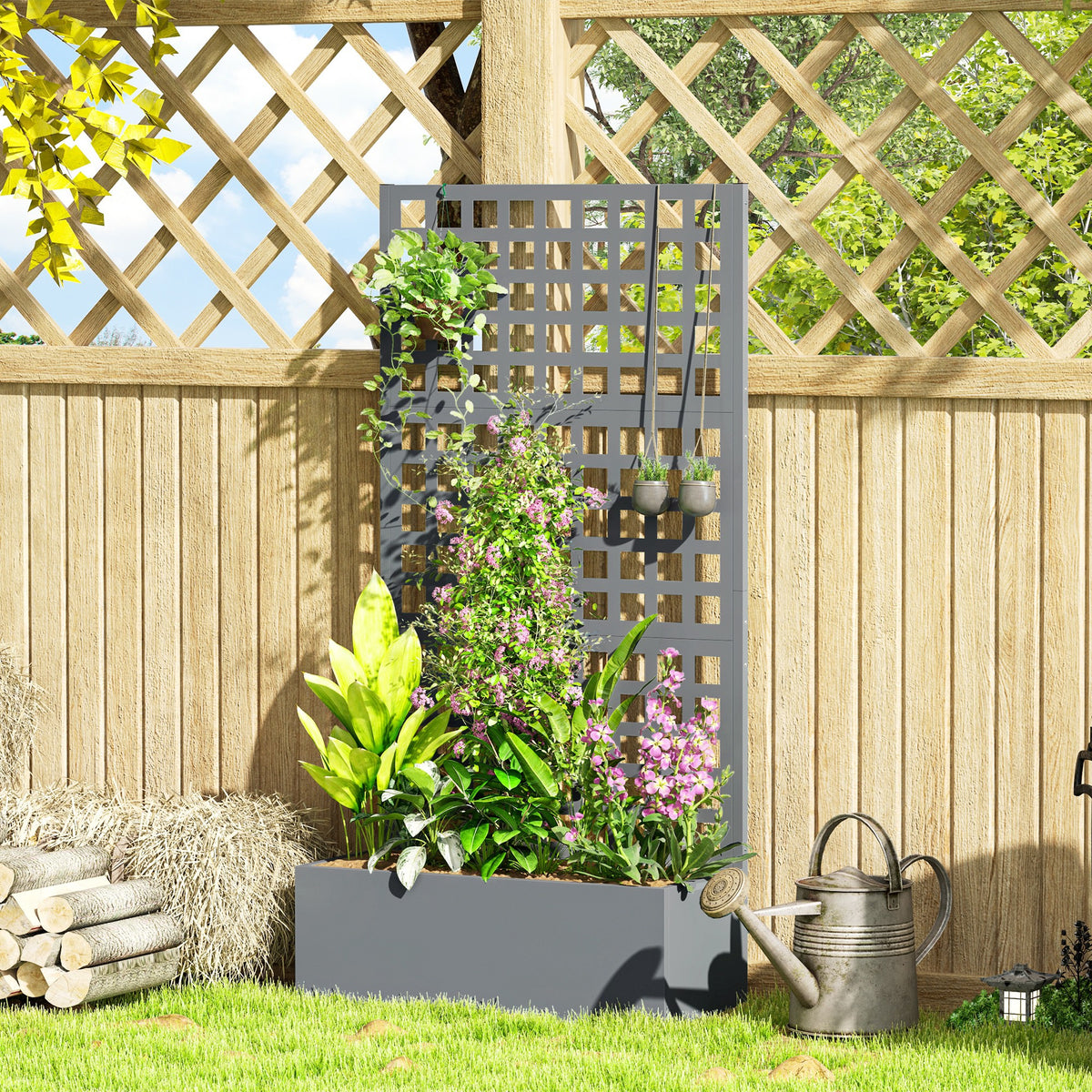 Galvanized Raised Garden Bed Planter Box with Trellis for Climbing Plant Vegetable Vine, 43"x16"x70", Grey Wood Effect