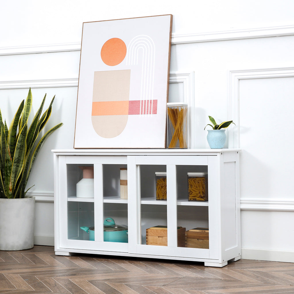 Modern Kitchen Sideboard, Stackable Storage Cabinet, Sliding Glass Door Console, Cupboard Serving Buffet for Kitchen & Dining Room, White