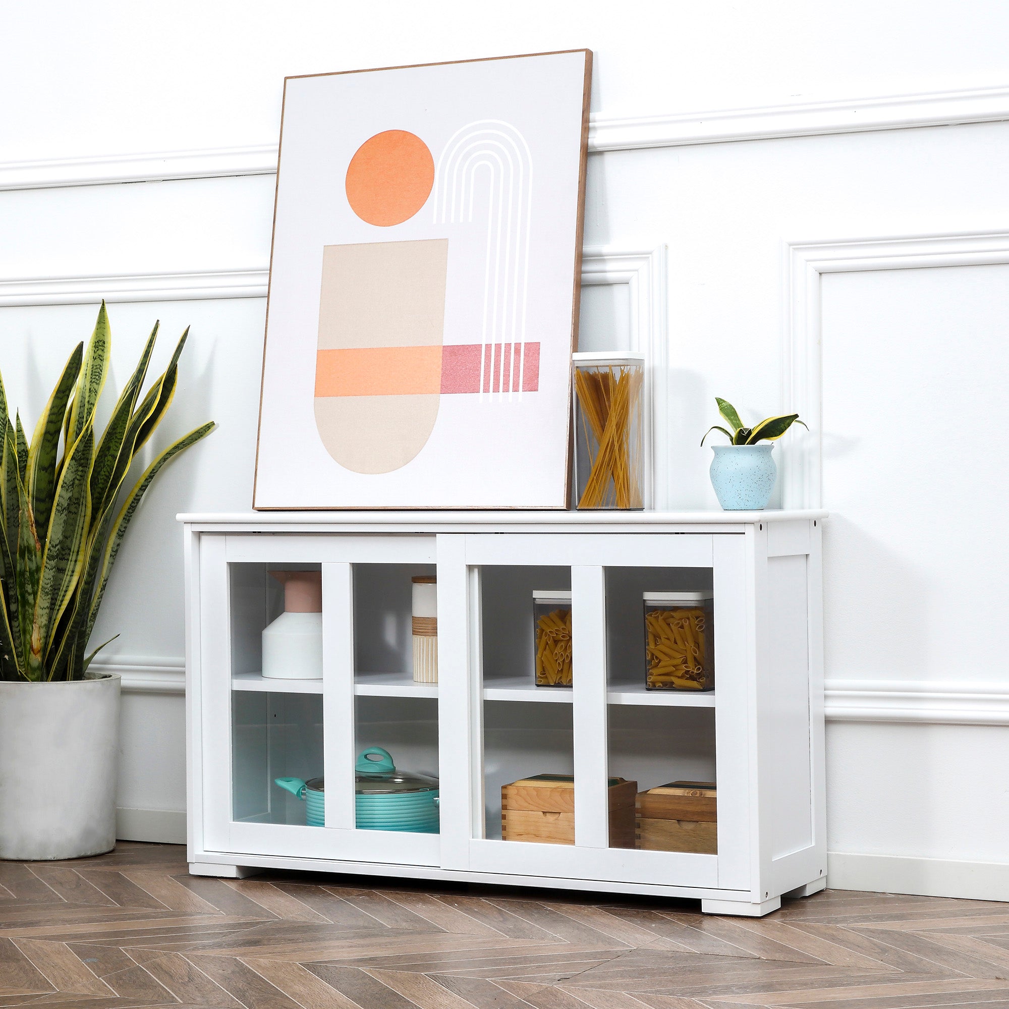 Modern Kitchen Sideboard, Stackable Storage Cabinet, Sliding Glass Door Console, Cupboard Serving Buffet for Kitchen & Dining Room, White