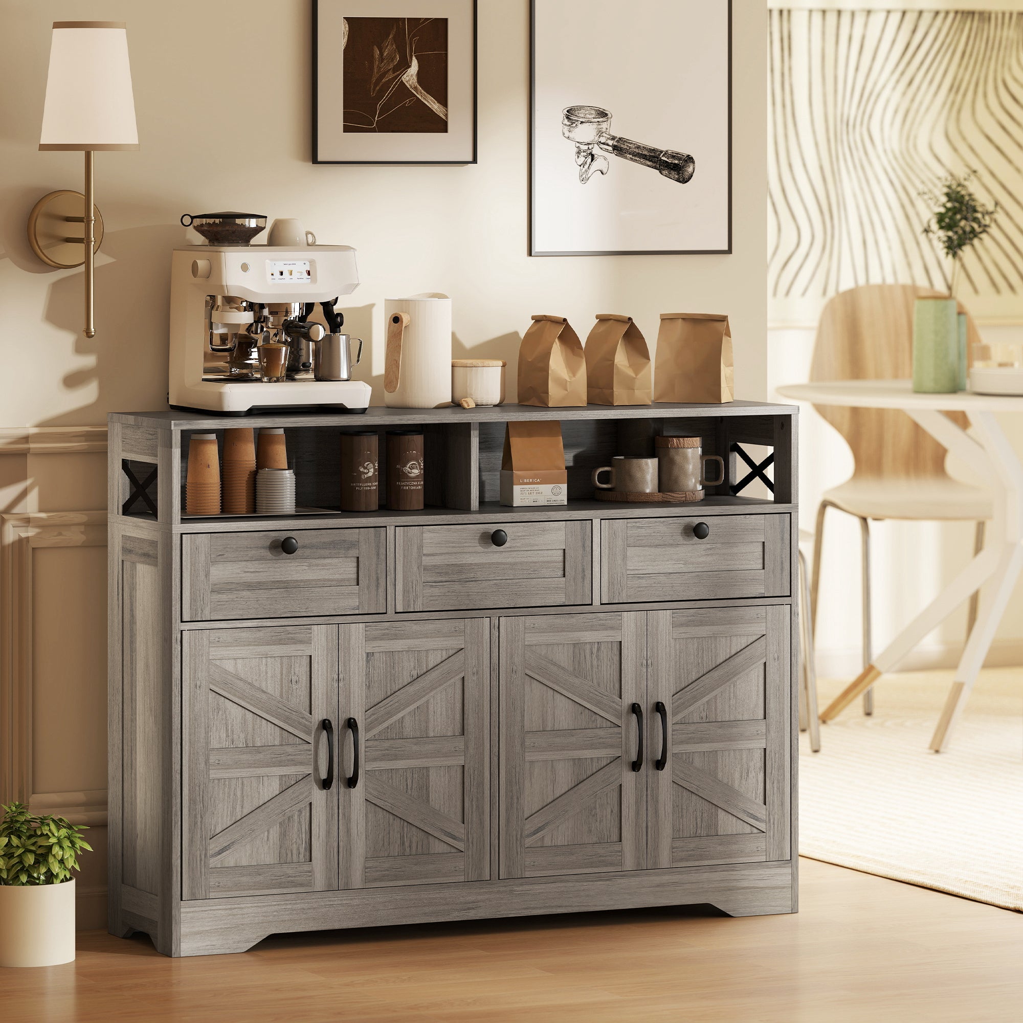 Sideboard, Buffet Cabinet with 4 Barn Doors and 3 Drawers, Coffee Bar Cabinet with Adjustable Shelves, Black