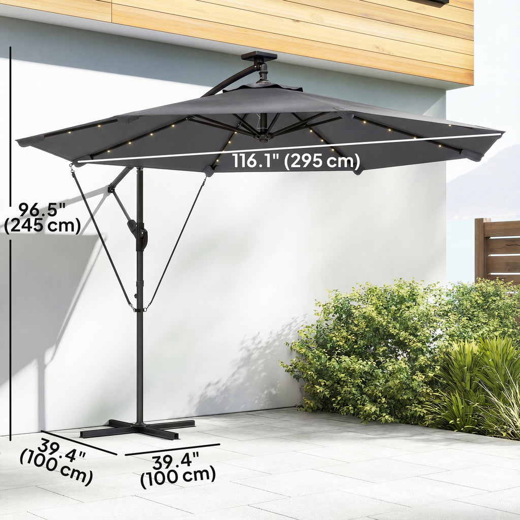 9.7ft Solar LED Cantilever Patio Umbrella with 32 LED Lights, Cross Base, Crank Handle, for Poolside, Deck, Dark Grey