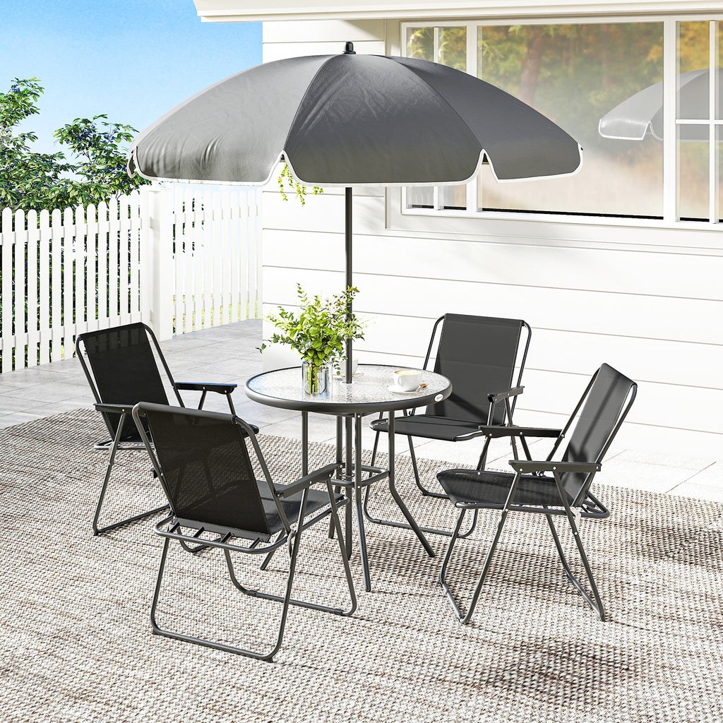 6 Pieces Patio Dining Set with Umbrella, Patio Furniture Set with Folding Chairs, Glass Table for Garden Backyard, Grey