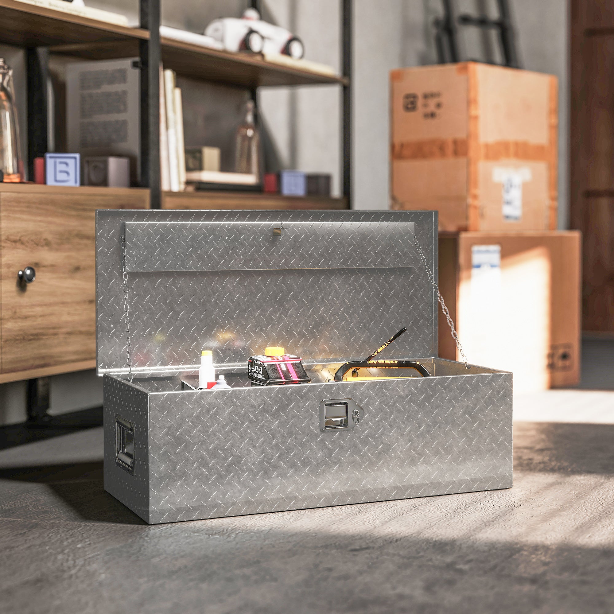 30 Inch Truck Bed Tool Box, Heavy Duty Aluminum Diamond Plate Trailer Tongue Box with Side Handle and Locks Keys