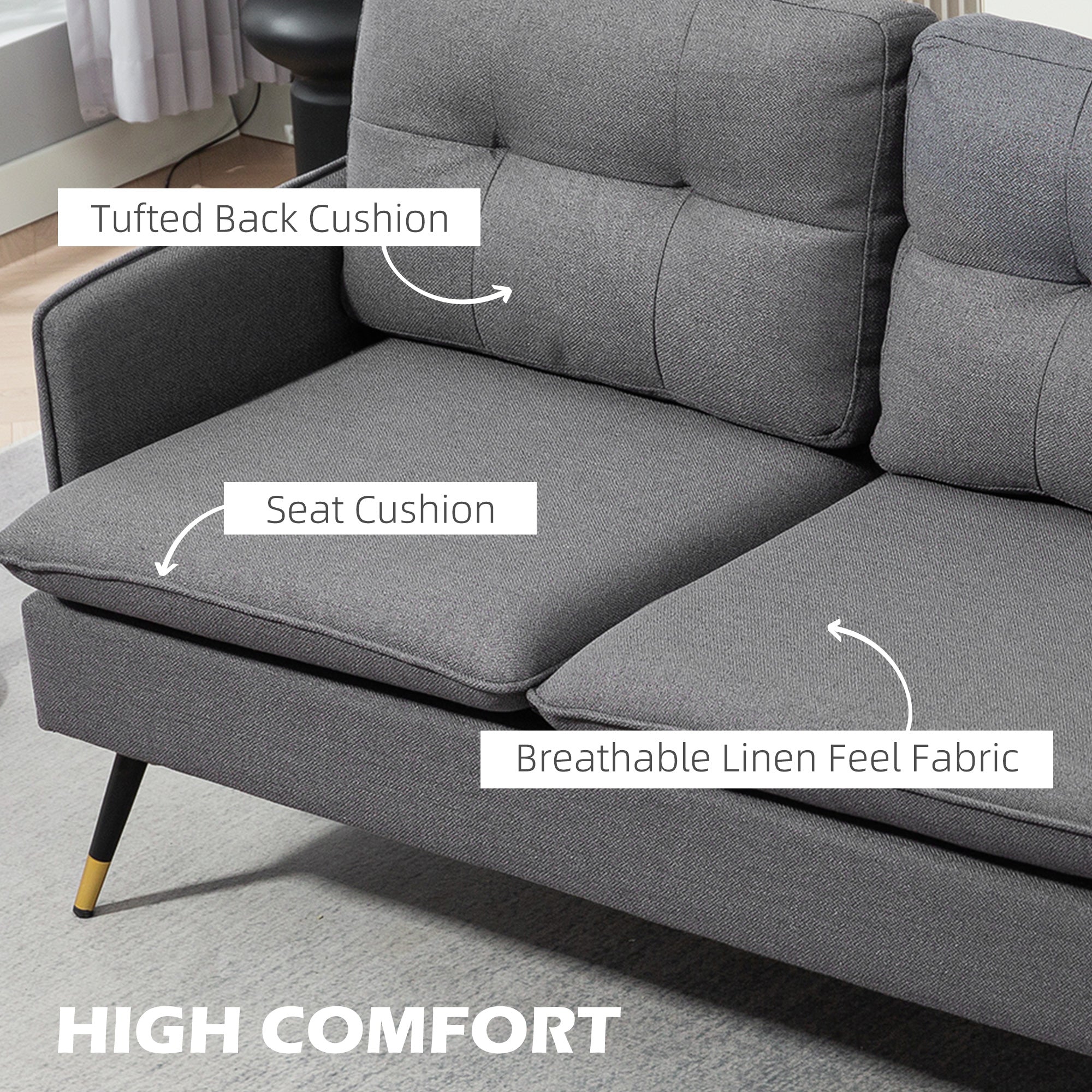 55" Loveseat Sofa, Linen Love Seat w/ S spring, Steel Legs and Button Tufting, Small Couch for Living Room, Dark Blue