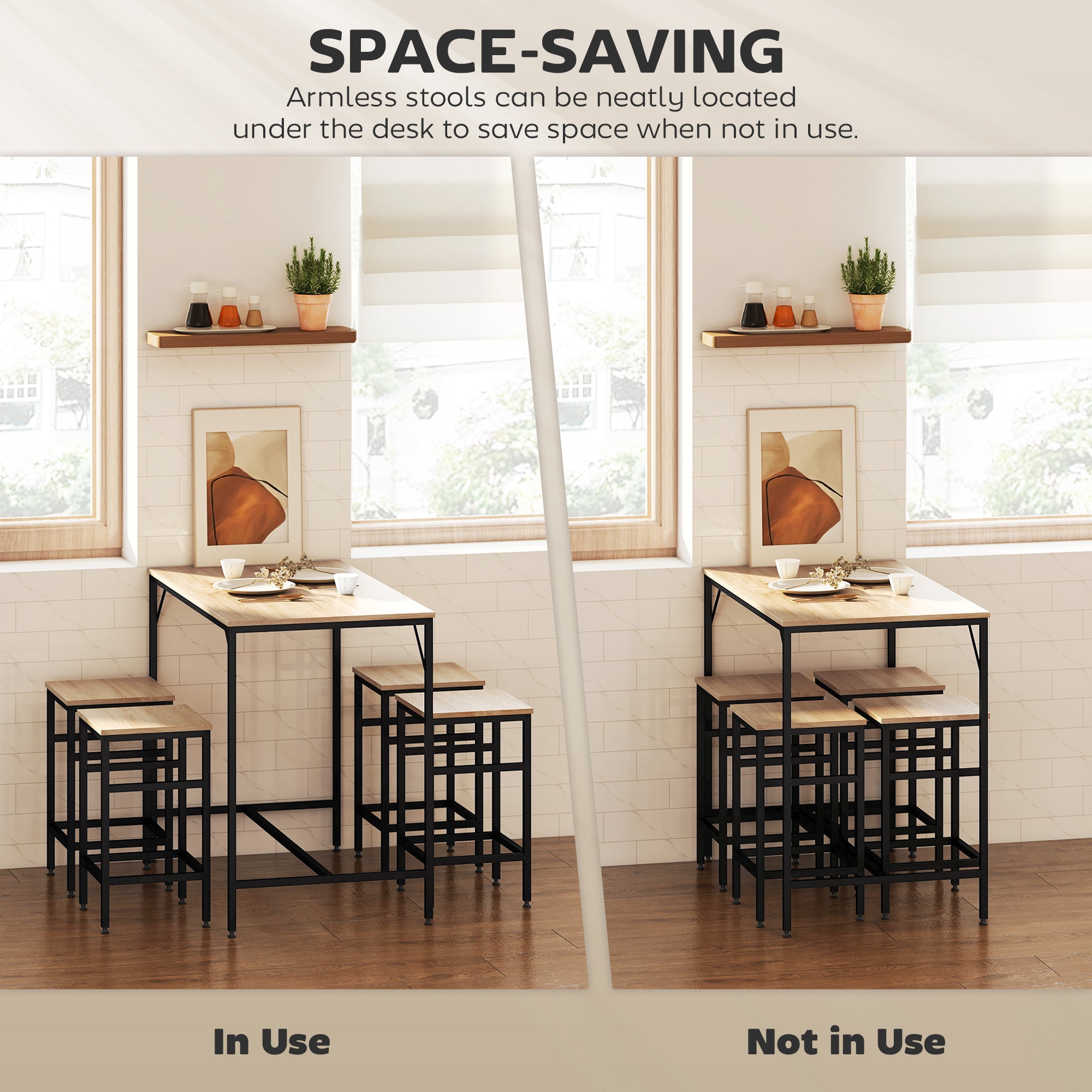 5 Pieces Industrial Rectangular Bar Table Set, Dining Table Set Breakfast Table with 4 Stools for Dining Room, Kitchen, Dinette, Oak