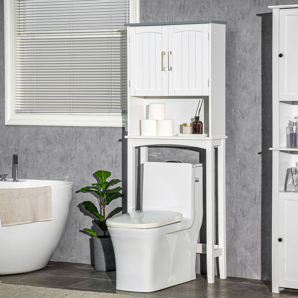 Modern Over The Toilet Storage Cabinet, Double Door Over Toilet Bathroom Organizer with Adjustable Shelf and Open Shelf, Space Saver, White