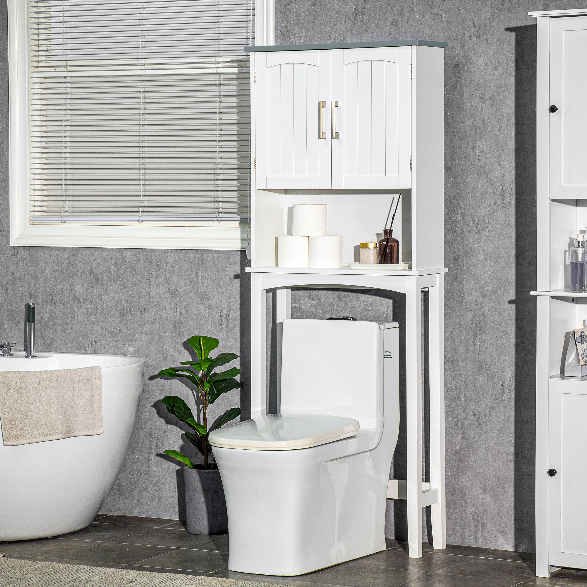 Modern Over The Toilet Storage Cabinet, Double Door Over Toilet Bathroom Organizer with Adjustable Shelf and Open Shelf, Space Saver, White