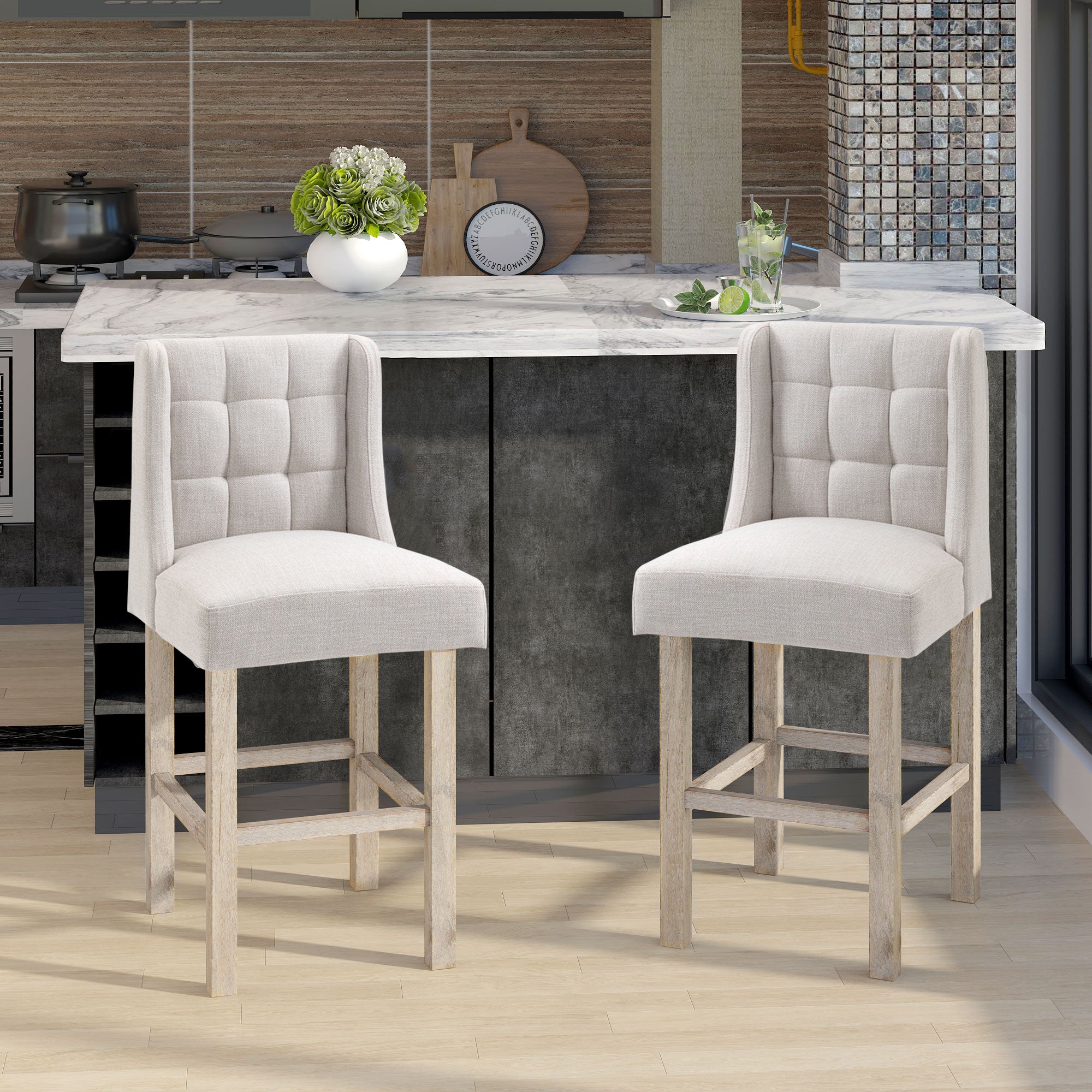 Modern Counter Bar Stools Tufted Upholstered Counter Chairs Set of 2 for Kitchen, Beige