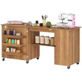 Sewing Machine Table with Drop Leaf, Folding Craft Table with 2 Doors and Adjustable Shelf for Small Spaces, Brown