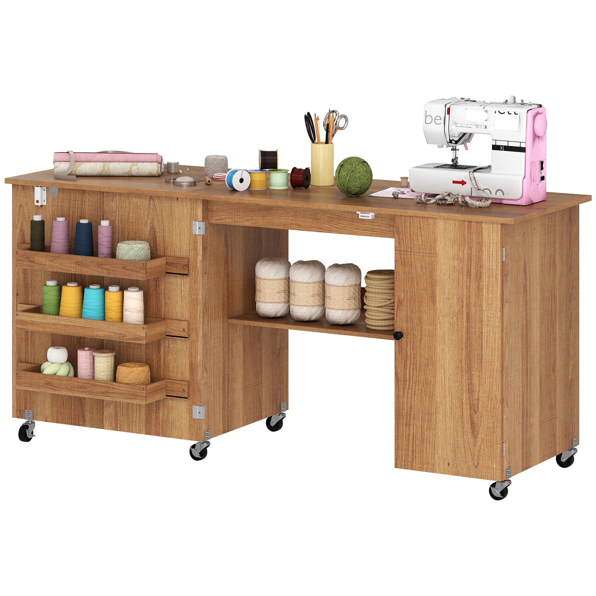 Sewing Machine Table with Drop Leaf, Folding Craft Table with 2 Doors and Adjustable Shelf for Small Spaces, Brown