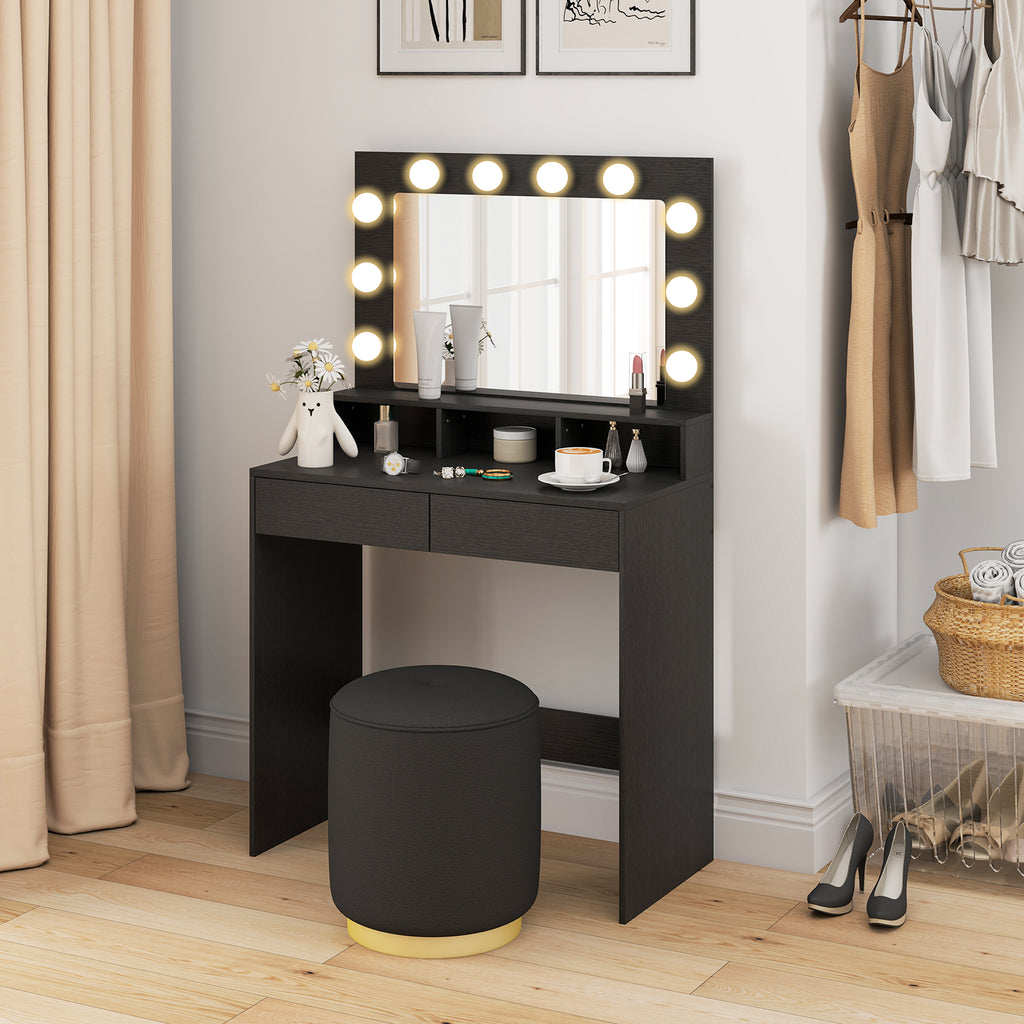 Vanity Table, Makeup Dressing Table with LED Lighting Mirror, Charging Station and Drawers for Bedroom, Black