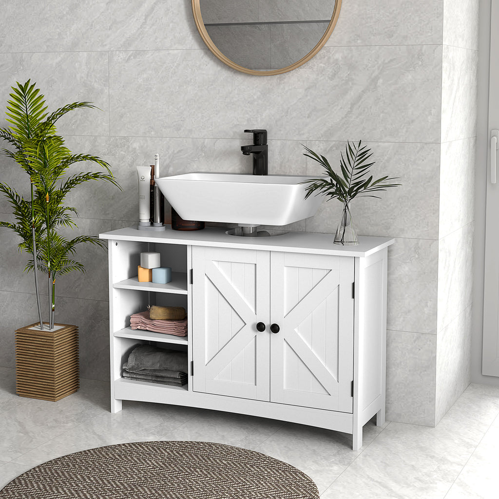 Bathroom Vanity Cabinet, Under Sink Storage Cabinet with Double Doors, Open and Adjustable Shelves, White
