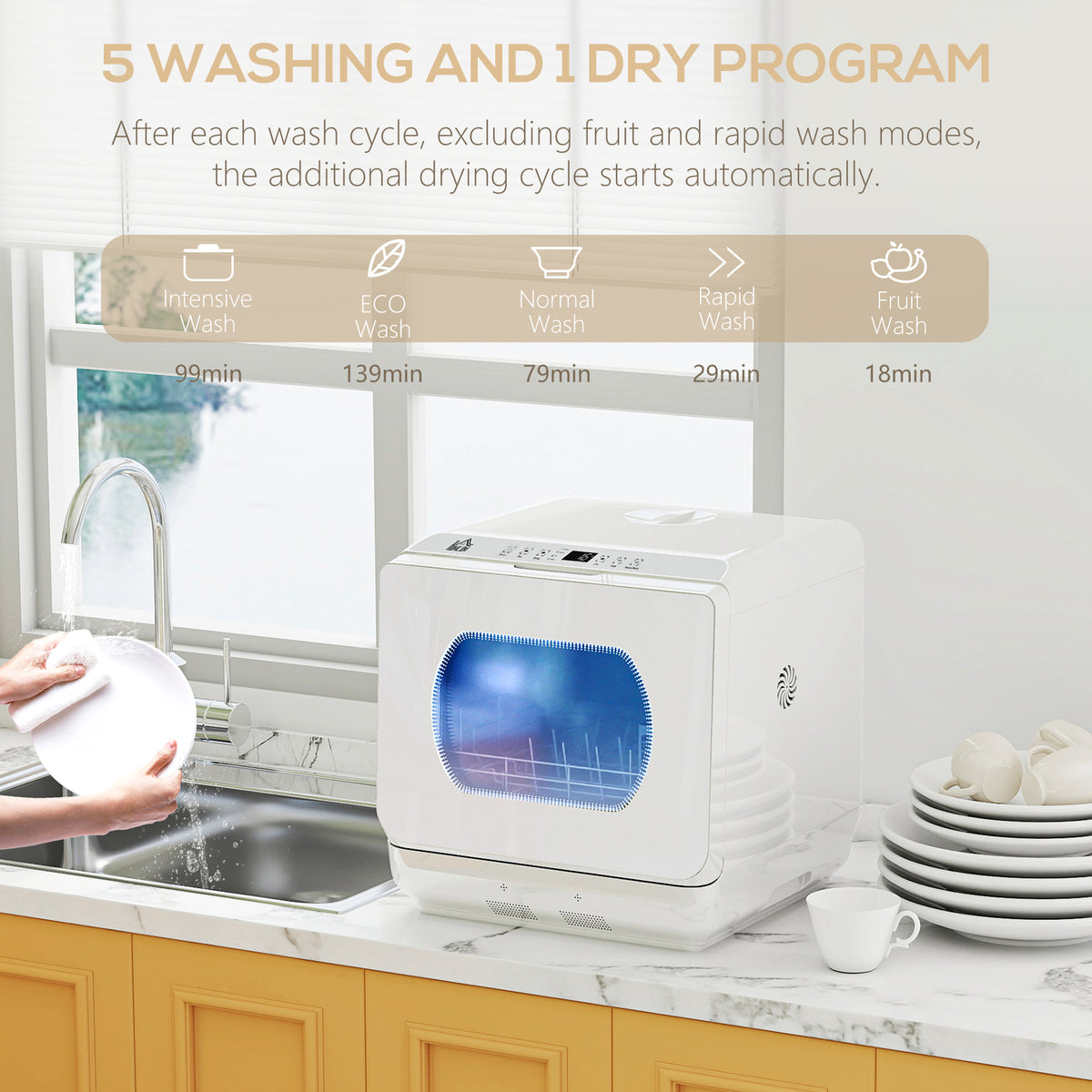 Portable Dishwasher, Counter Dishwasher with 4 Place Settings, 5 Washing Programs, Air-Dry Function, 6L Water Tank