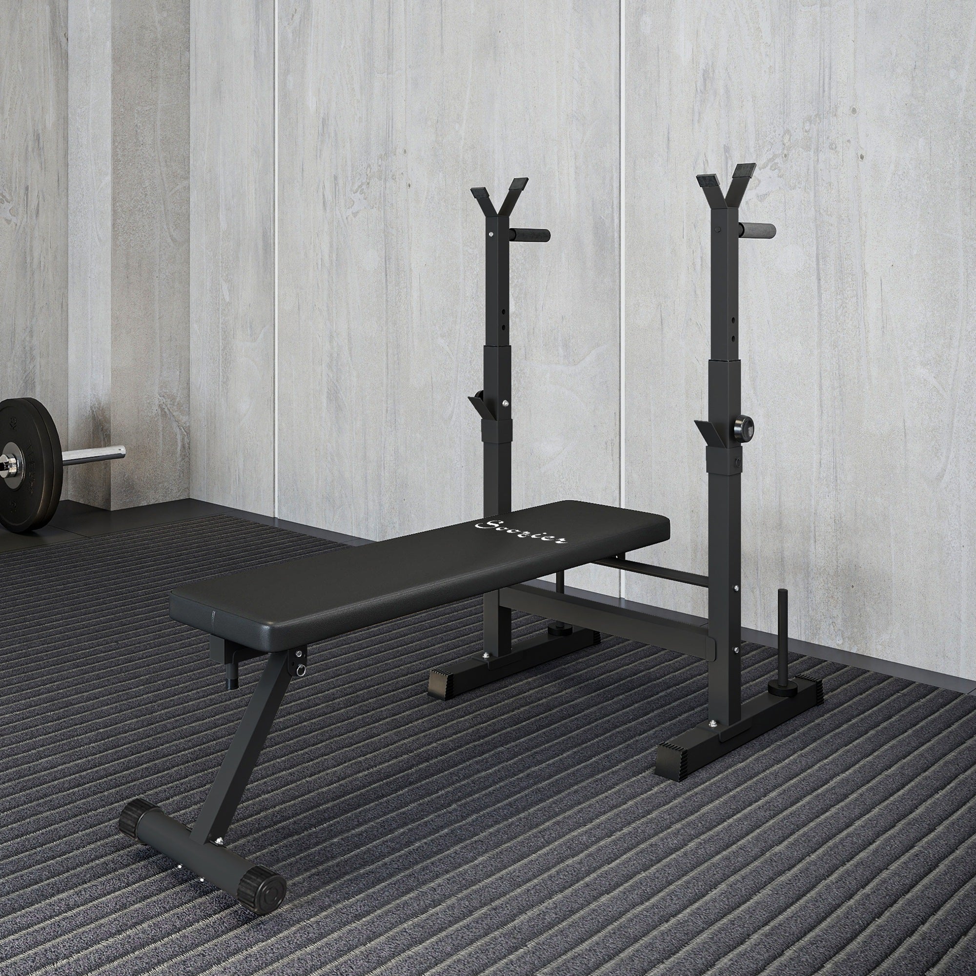 Soozier Adjustable Weight Bench, Foldable Bench Press with Barbell Rack and Dip Station for Home Gym, Strength Training Multiuse Workout Bench, Black