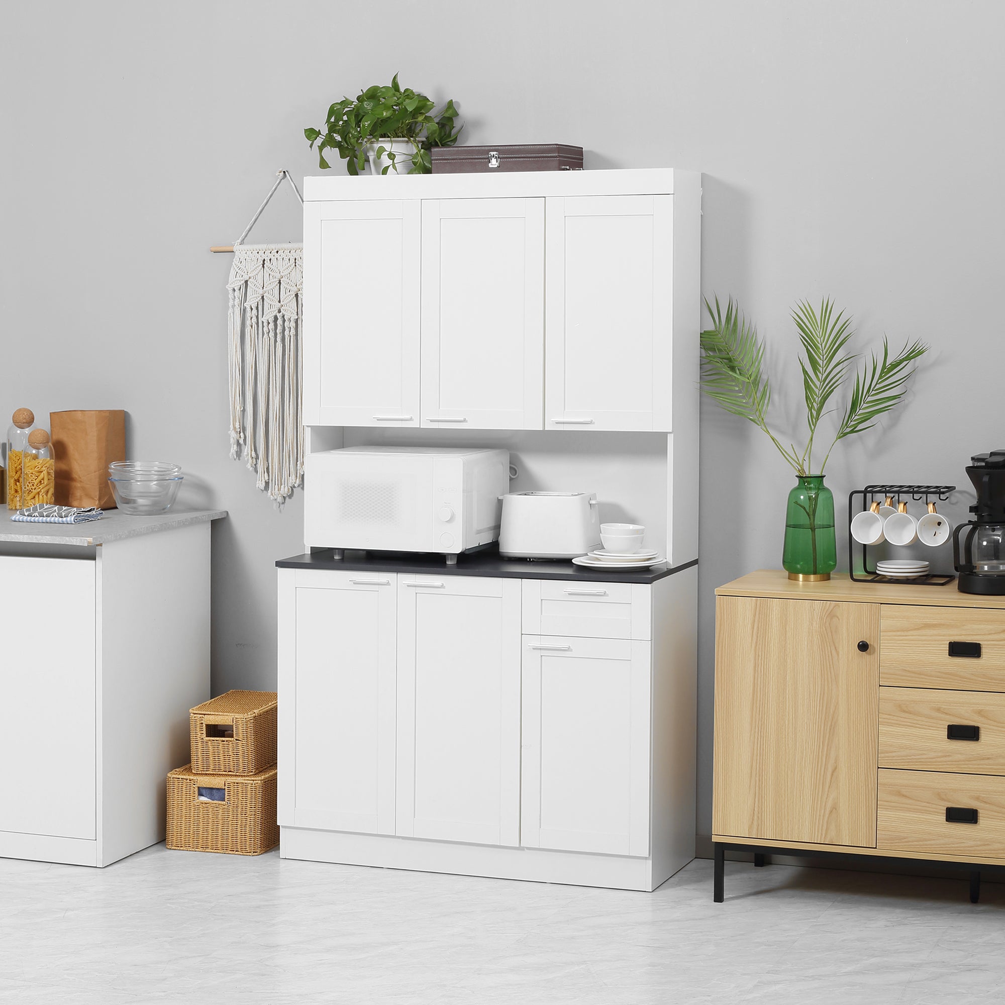71" Kitchen Pantry Cabinet, Storage Buffet with Hutch, Adjustable Shelves,Cable Management for Kitchen, Living Room, High Gloss White