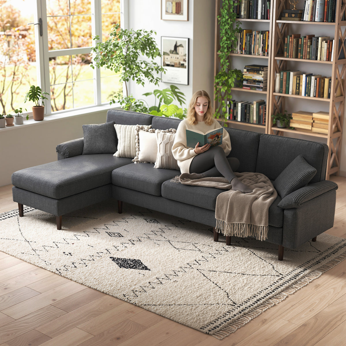 L-Shape Sofa, Modern Sectional Couch with Changeable Chaise Lounge, Pillows and Wooden Legs for Living Room, Dark Grey