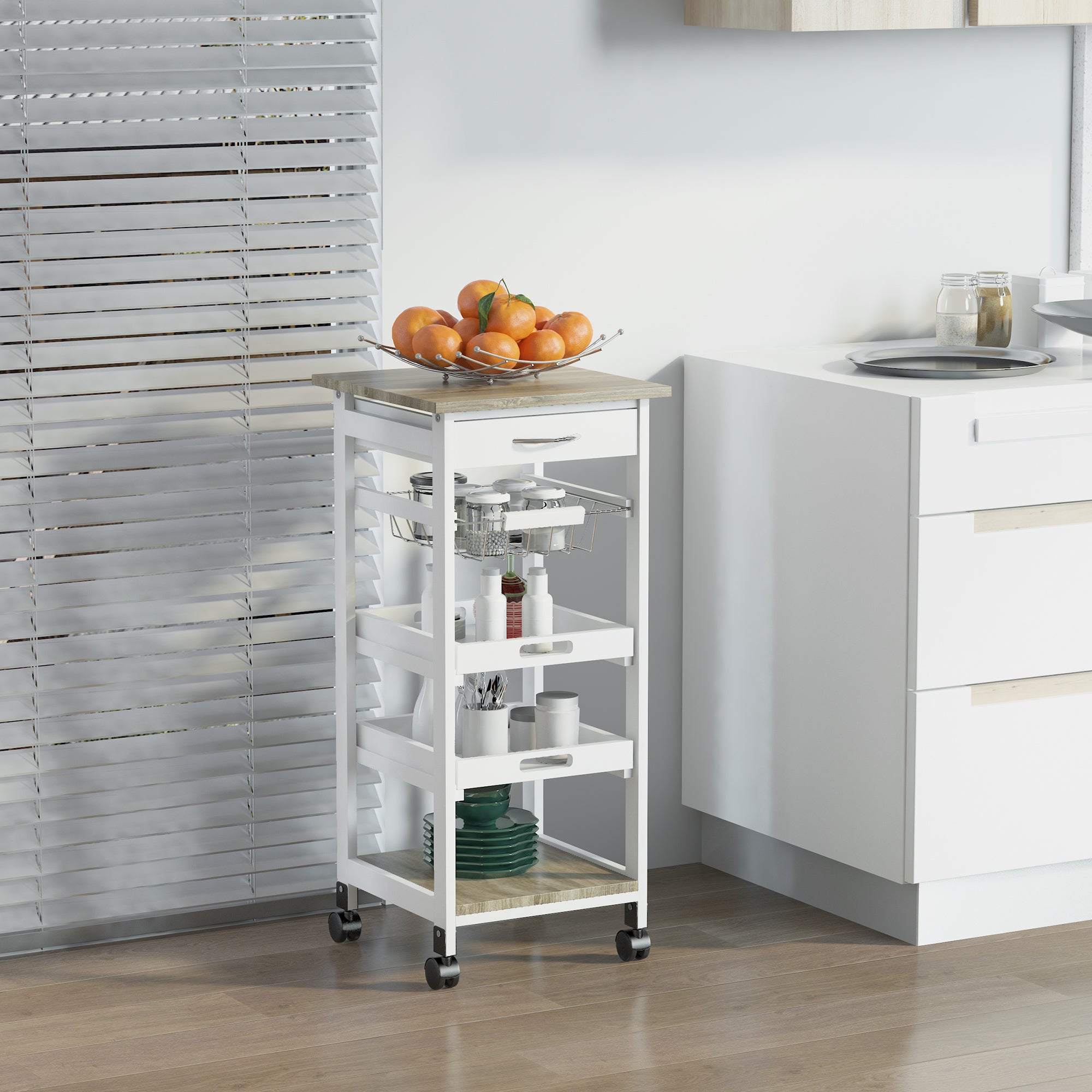 Rolling Kitchen Island Cart, Mobile Utility Storage Cart with Drawer, Wire Storage Basket, Removable Tray, Grey