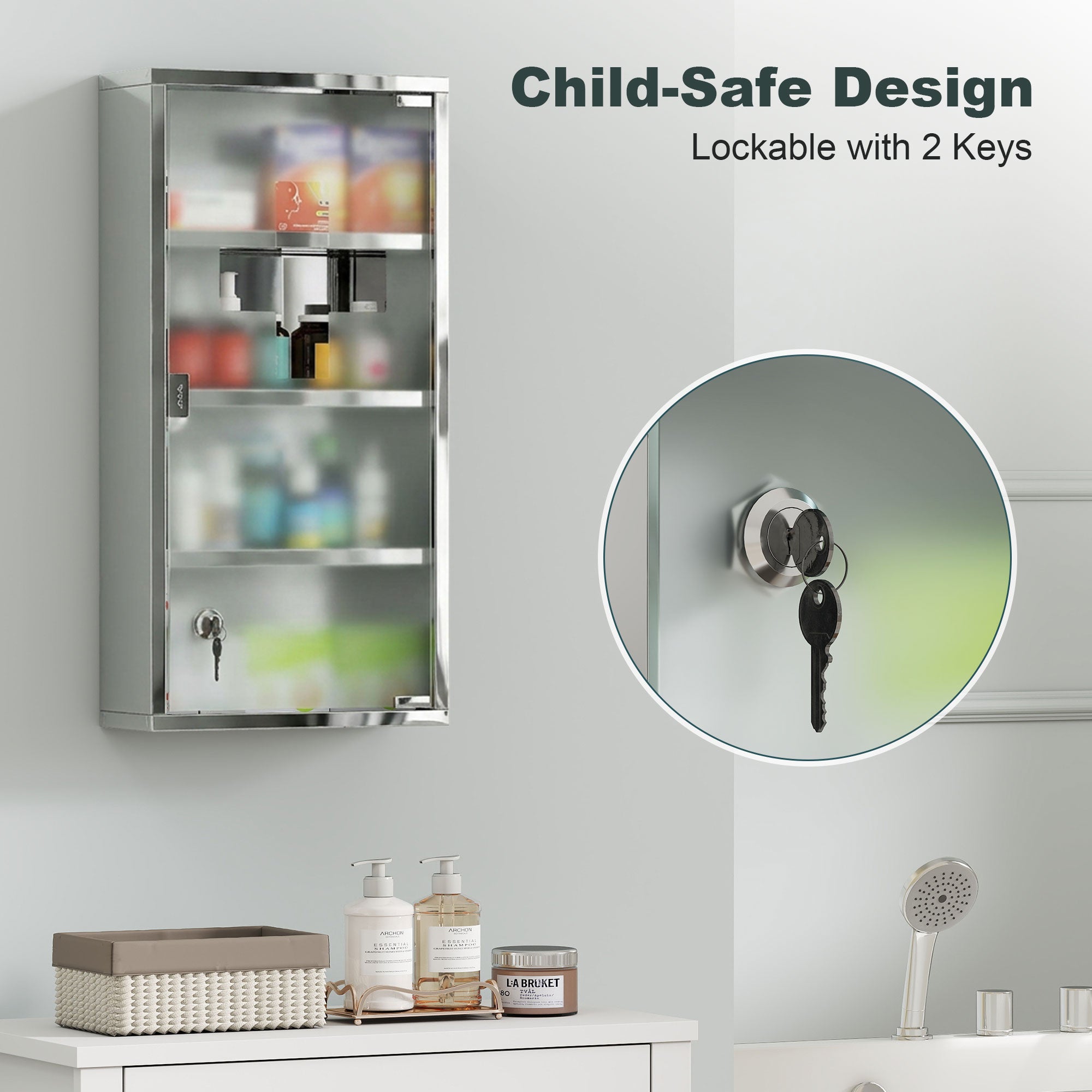 Wall Mount Medicine Cabinet, Bathroom Cabinet with 3 Tier Shelves, Stainless Steel Frame and Glass Door, Lockable with 2 Keys, Silver, 12" x 23.5"