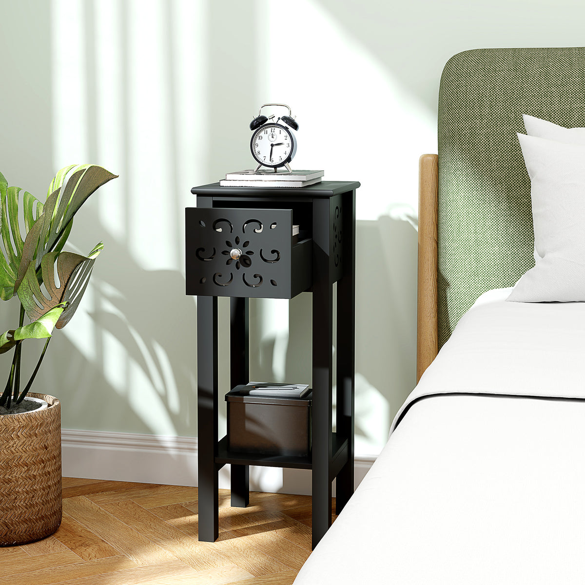 Nightstand Set of 2 with Drawer and Open Storage Shelf White